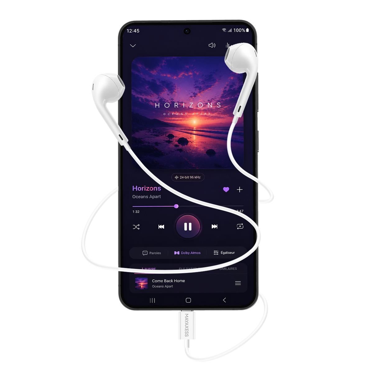 Uno smartphone mostra un'app musicale con auricolari collegati. La riproduzione è in pausa.
