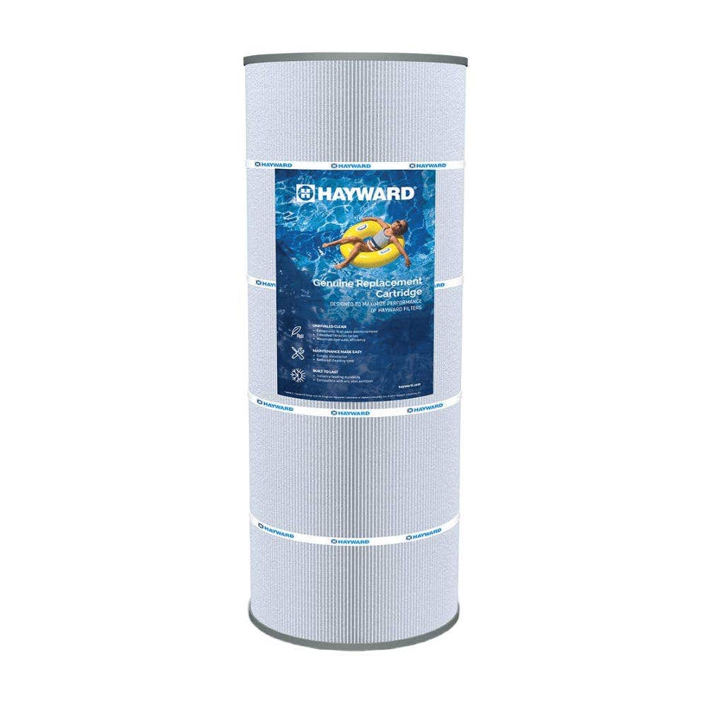 Ein Hayward Poolfilter-Ersatzkartusche mit blauer Verpackung und Mann im Reifen.