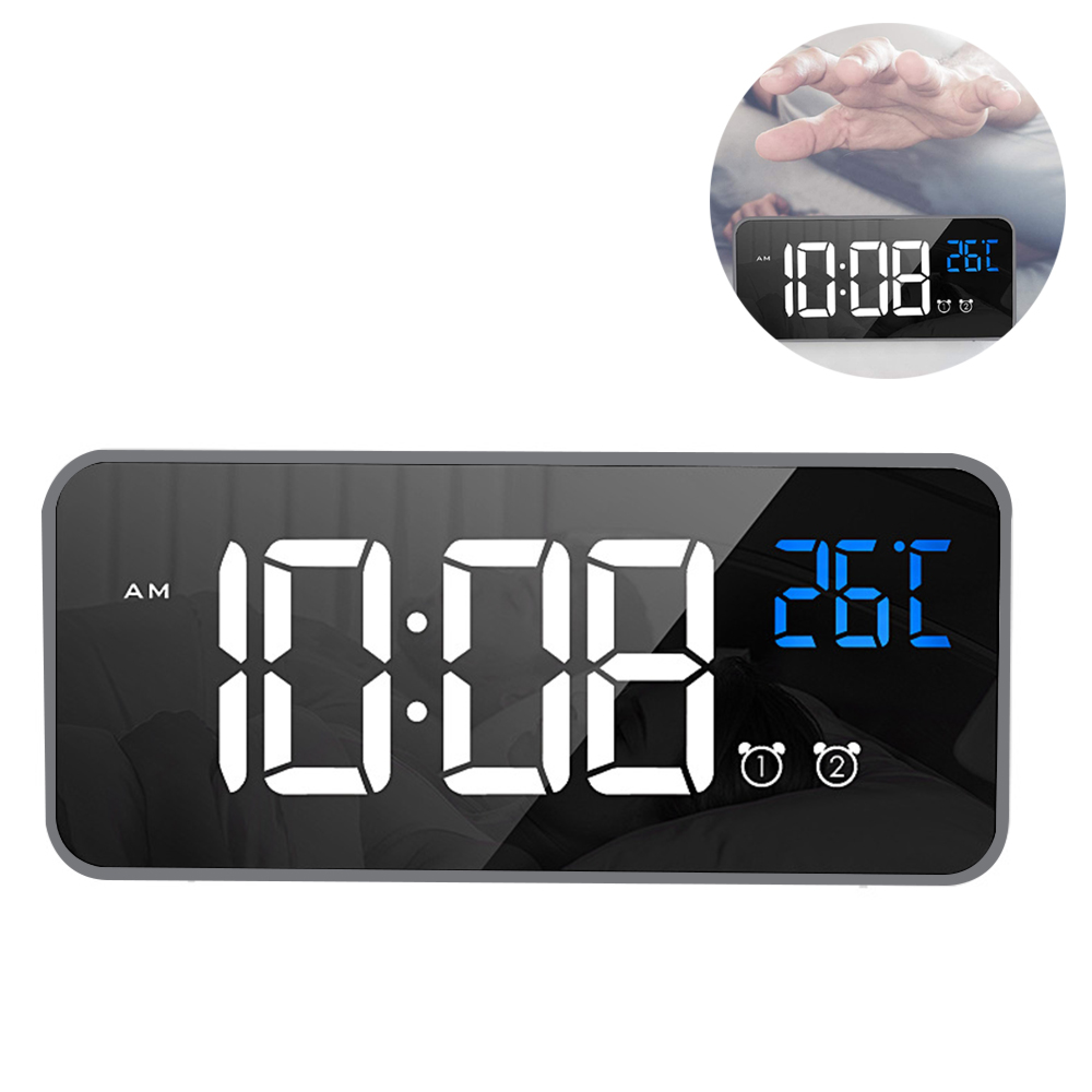 Digitaler Wecker zeigt 10:08 und 26°C, mit weckersymbolen.