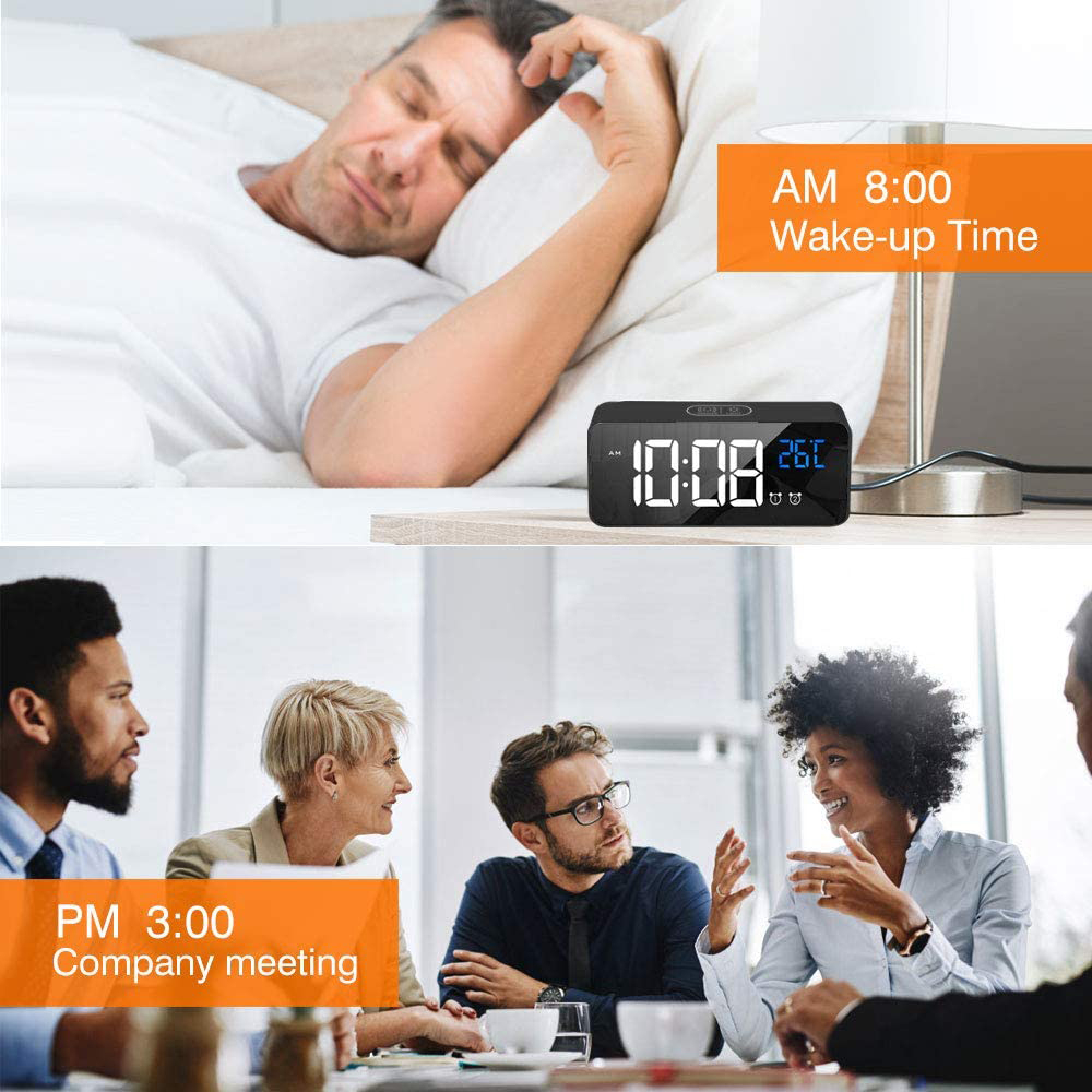 Mann schläft, Digitaluhr zeigt 10:08, 26C. Meeting mit vier Personen.