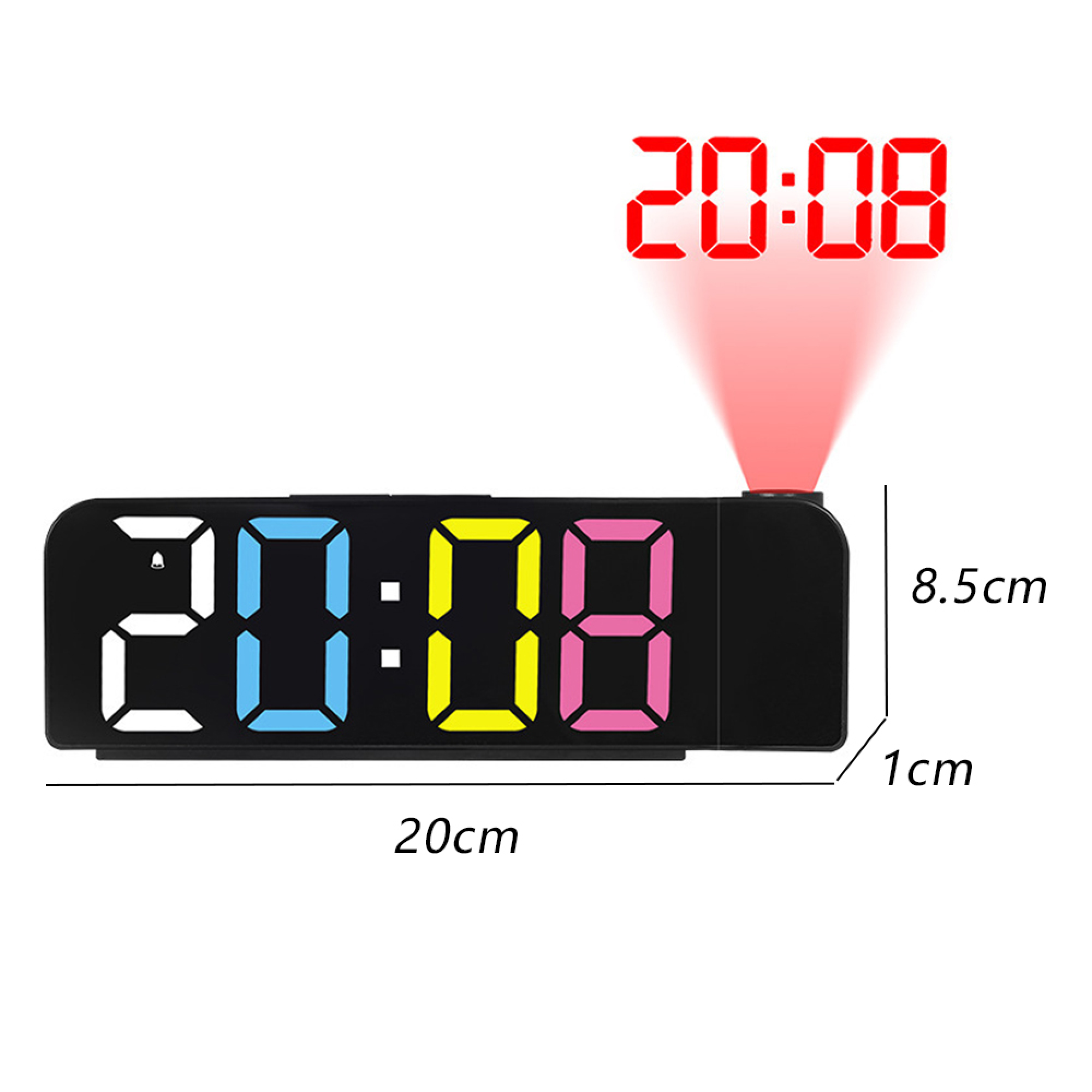 Digitaluhr mit farbigen Ziffern und rotem Projektionslicht.