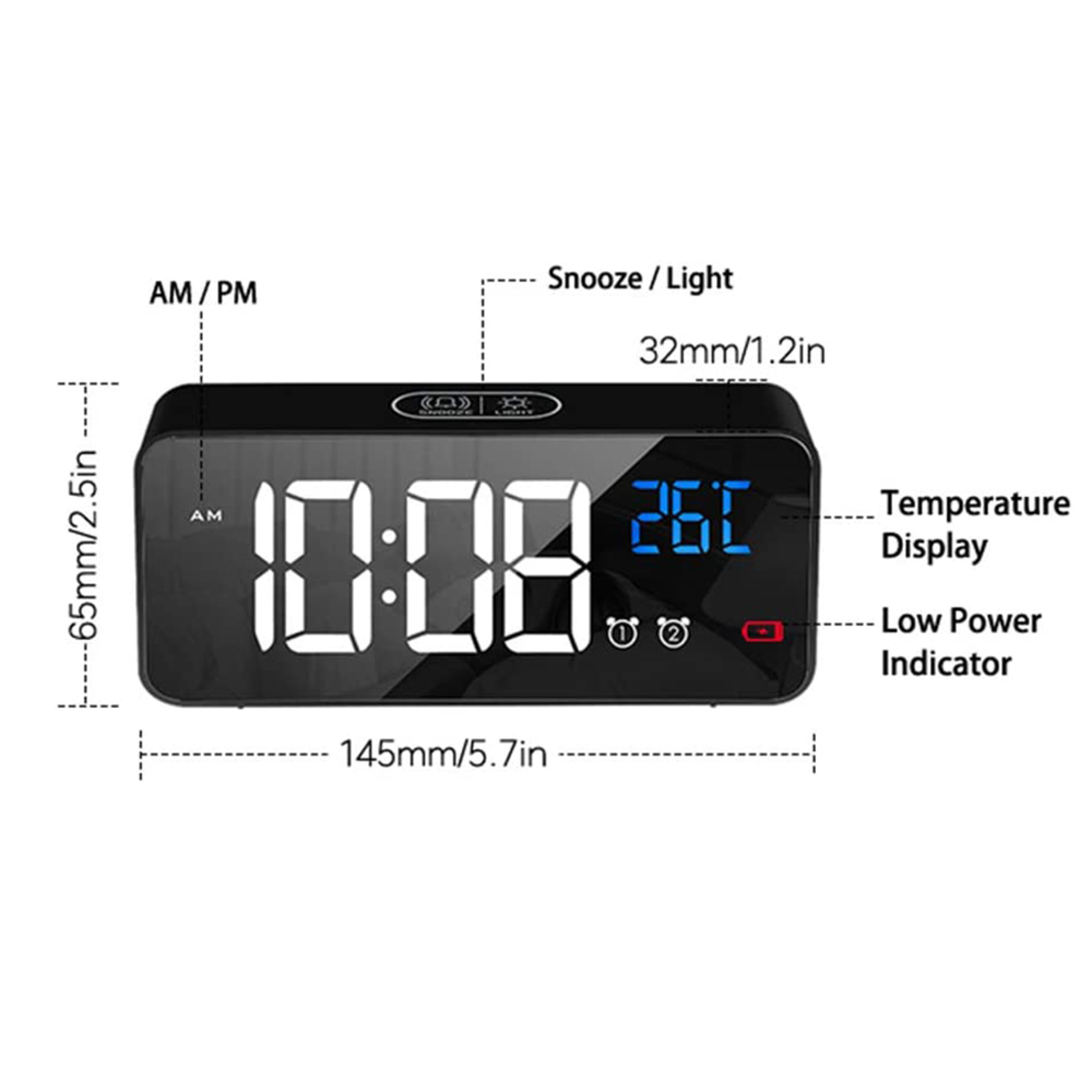 Digitaluhr zeigt 10:08 und 26 Grad Celsius an. Maße sind angegeben.