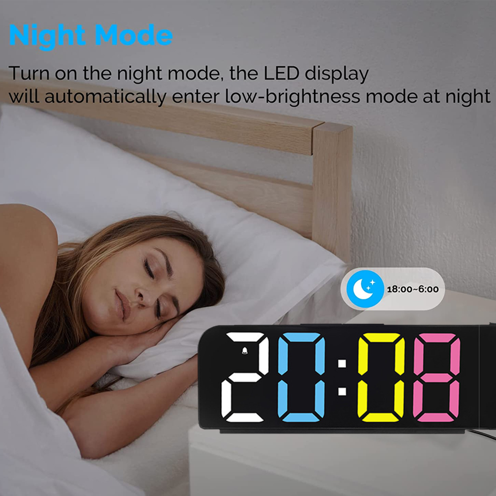 Eine Frau schläft im Bett neben einem digitalen Wecker, der 20:08 anzeigt.