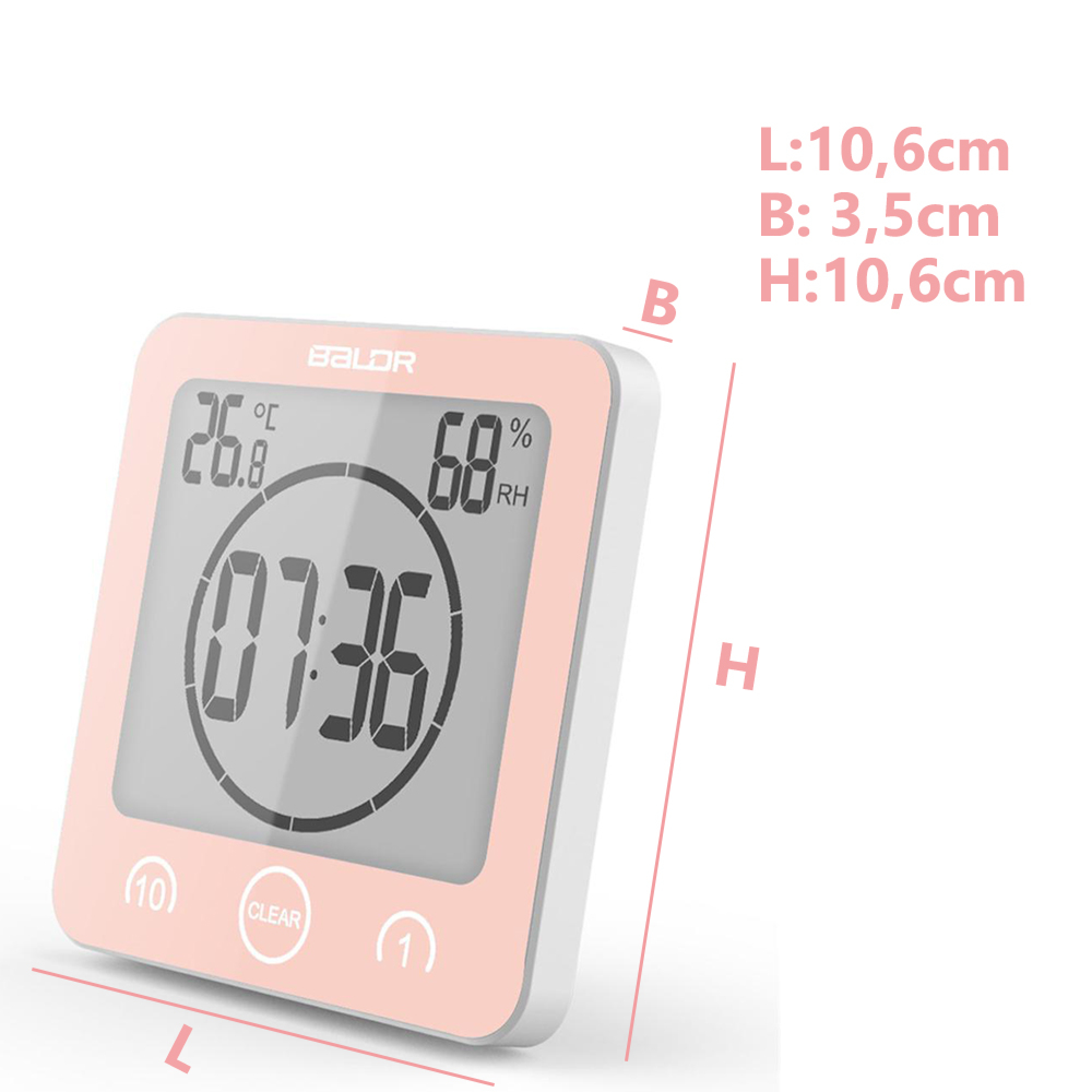 Ein rosafarbener digitaler Timer mit Uhrzeit, Temperatur und Luftfeuchtigkeit.