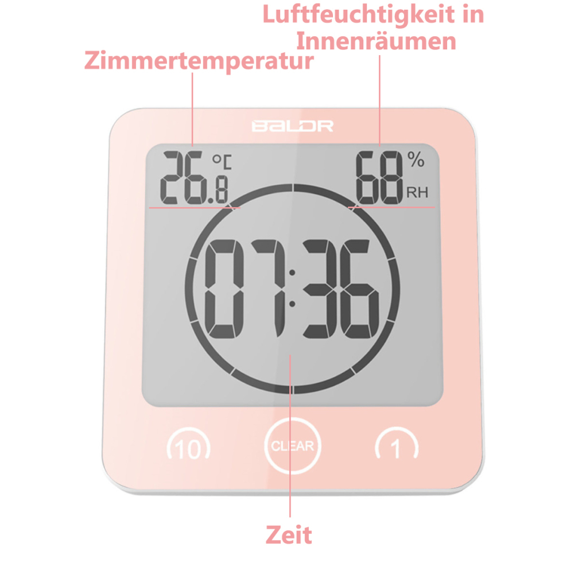 Ein digitaler Raumthermometer/Hygrometer zeigt 26.8°C, 68% RH und 07:36 Uhr.
