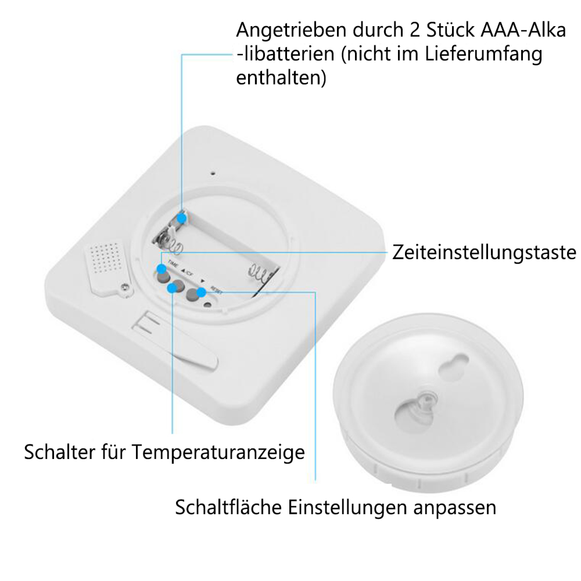 Weiße digitale Uhr mit Batteriefach, Knöpfen und Hinweisen.