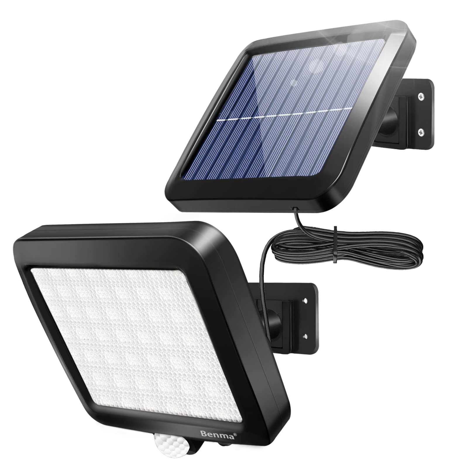 Zwei schwarze Solarleuchten, eine mit Solarpanel, die andere mit LEDs.