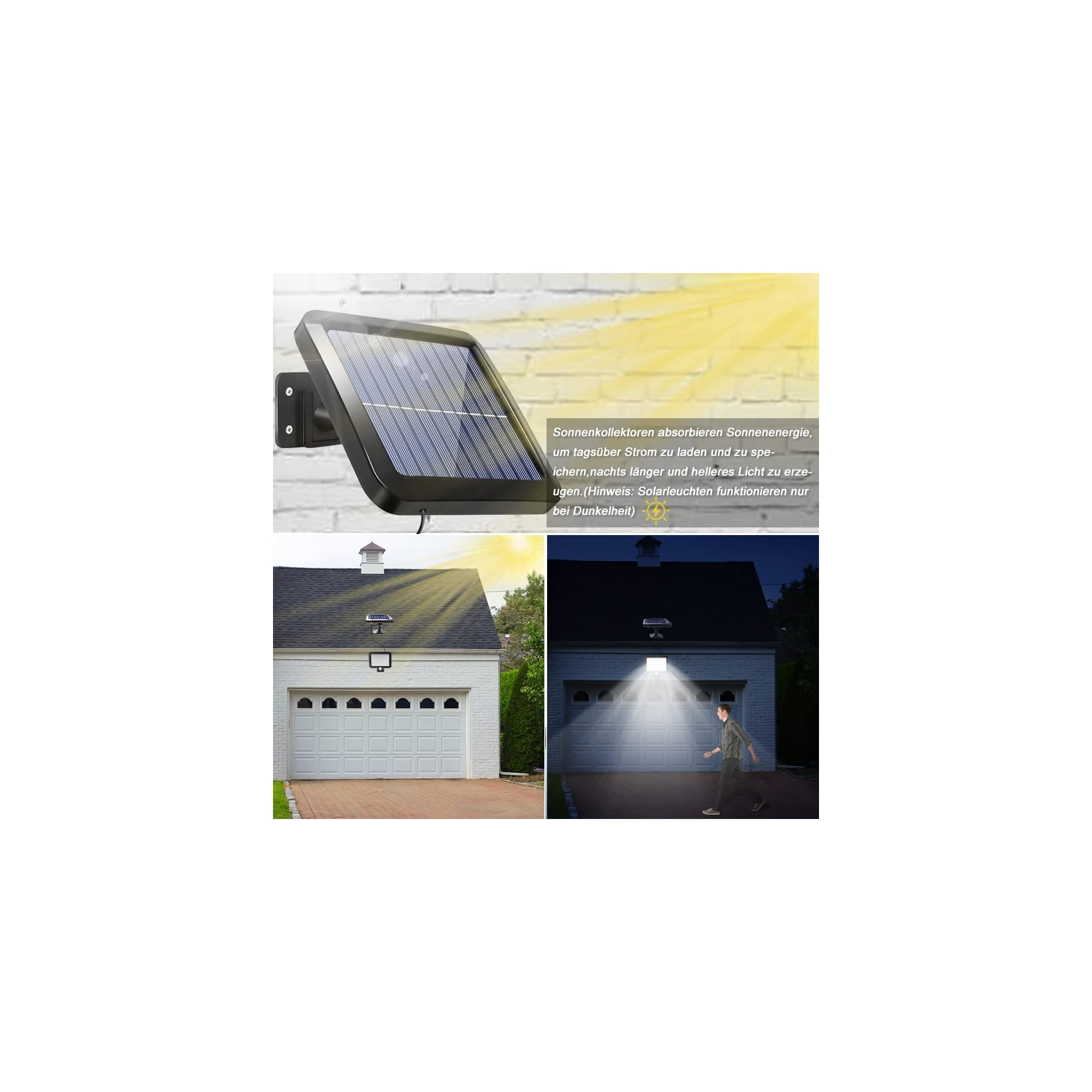 Solarpanel lädt tagsüber Strom, beleuchtet nachts eine Garage. Ein Mann geht im Licht.
