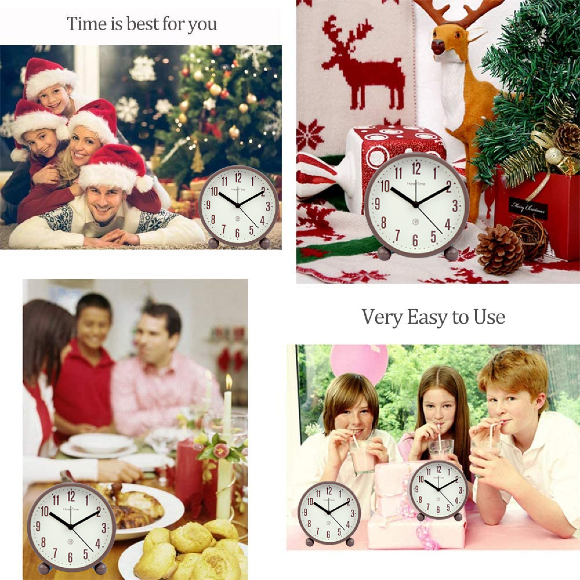 Familie in Weihnachtsmützen am Weihnachtsbaum und Uhren. Weihnachtliche Deko.