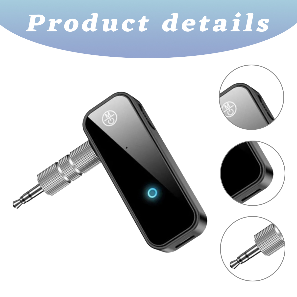 Ein schwarzer Bluetooth-Empfänger mit einem 3,5-mm-Stecker und einem leuchtenden blauen Kreis.