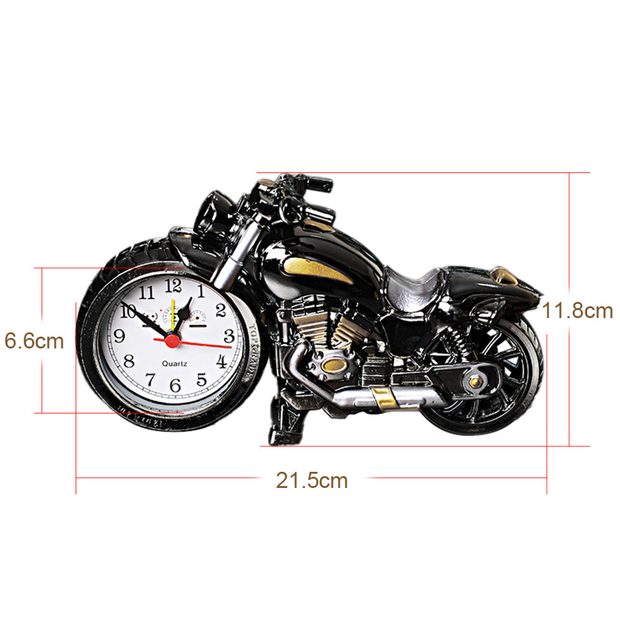 Schwarze Motorrad-Uhr mit Quarzwerk, 21,5cm lang, 11,8cm hoch.