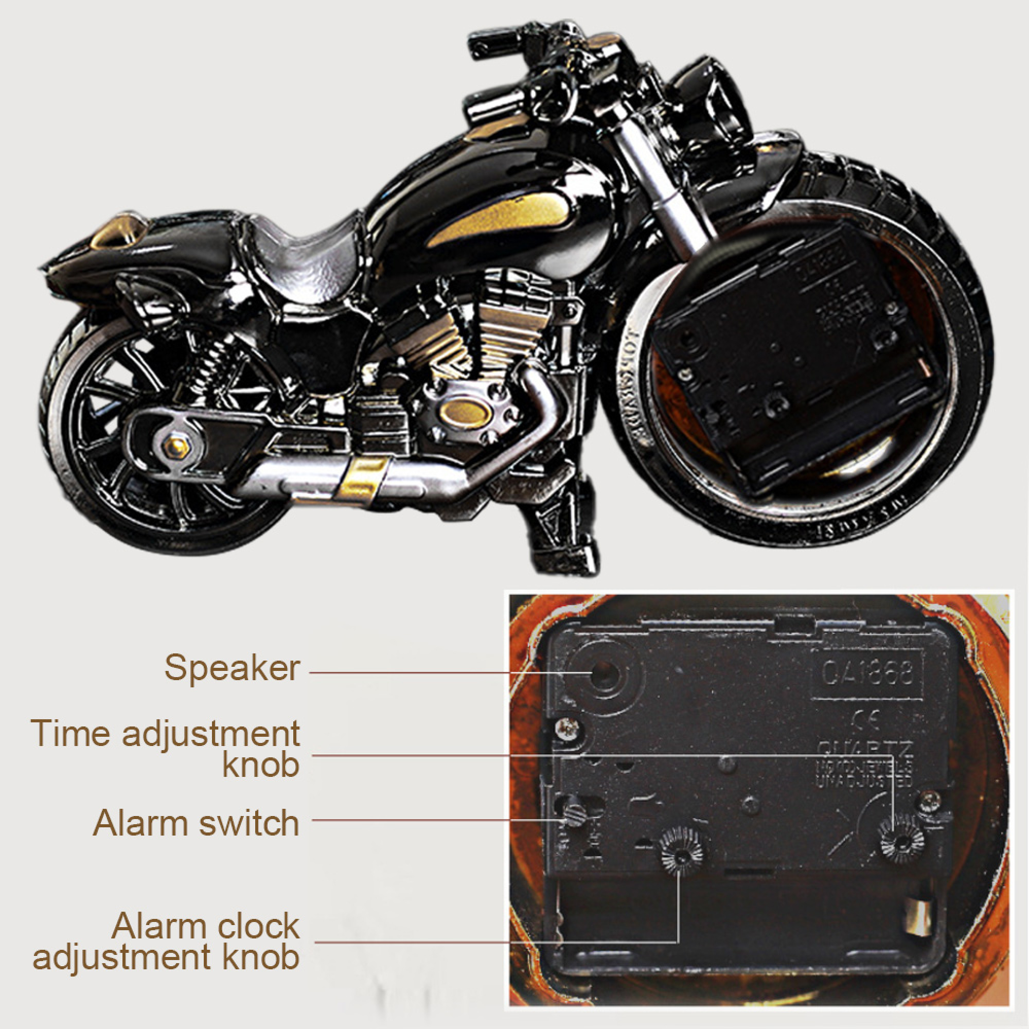 Schwarze Motorraduhr mit sichtbarem Uhrwerk und Beschriftungen für Bedienelemente.