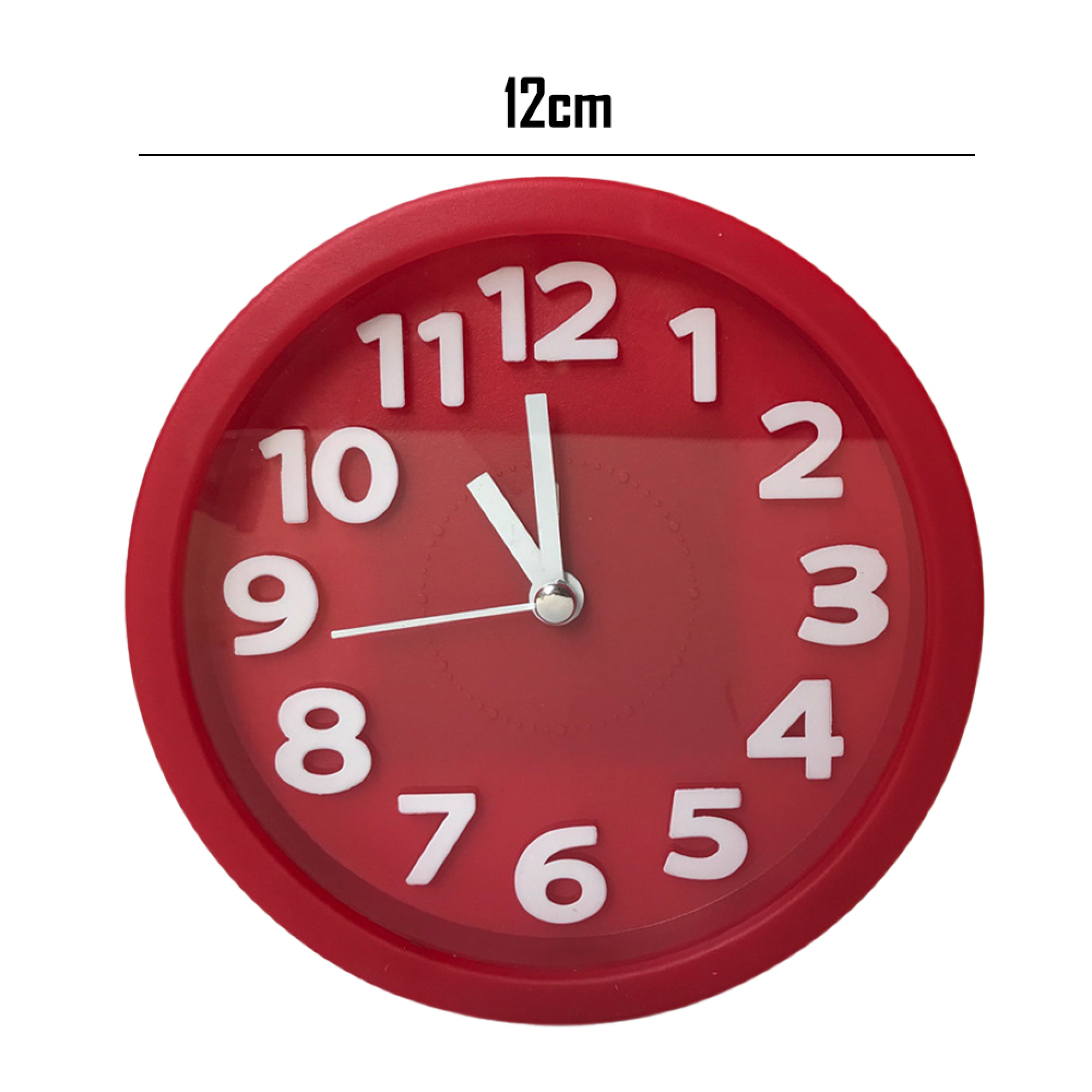 Rot runde Uhr mit weißen Ziffern und Zeigern, die 11:59 anzeigen.