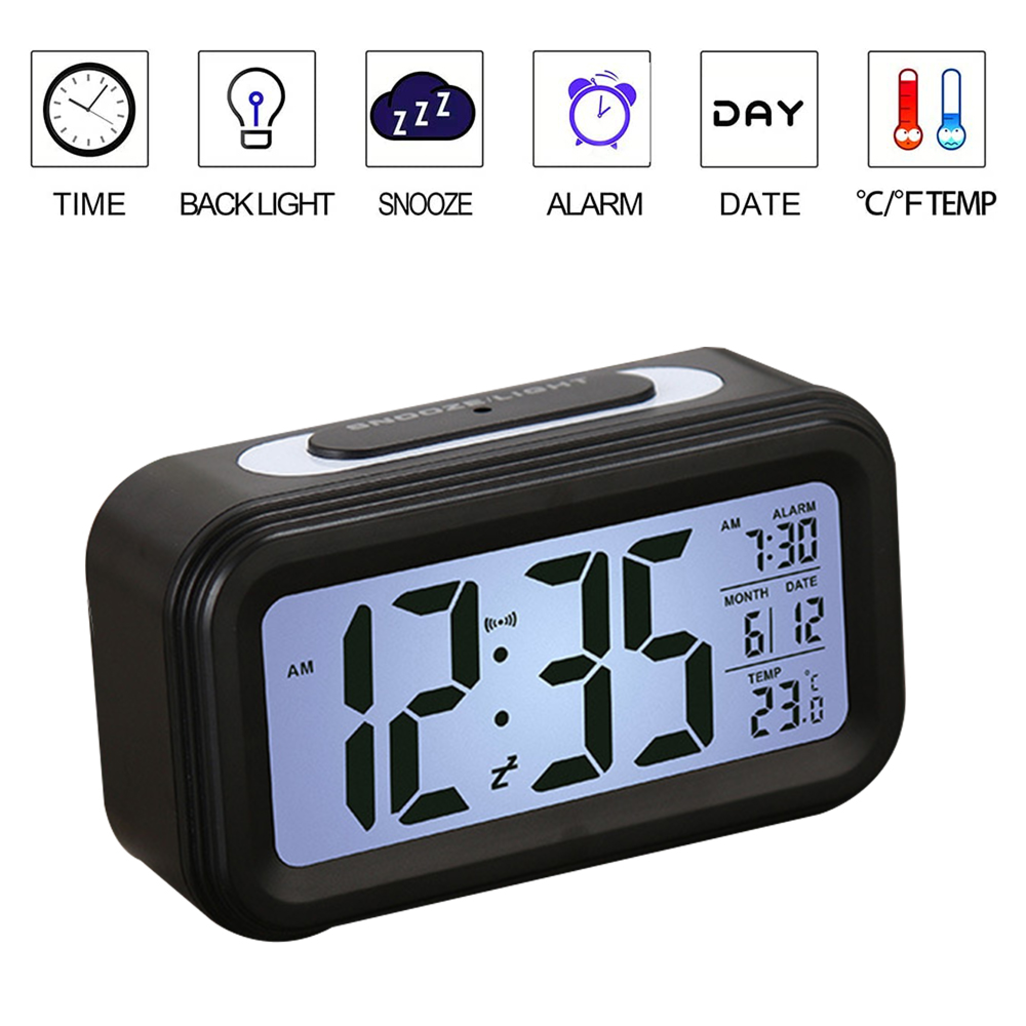 Digitaluhr zeigt 12:35, Alarm 7:30, Datum 6/12, Temp 23°C.