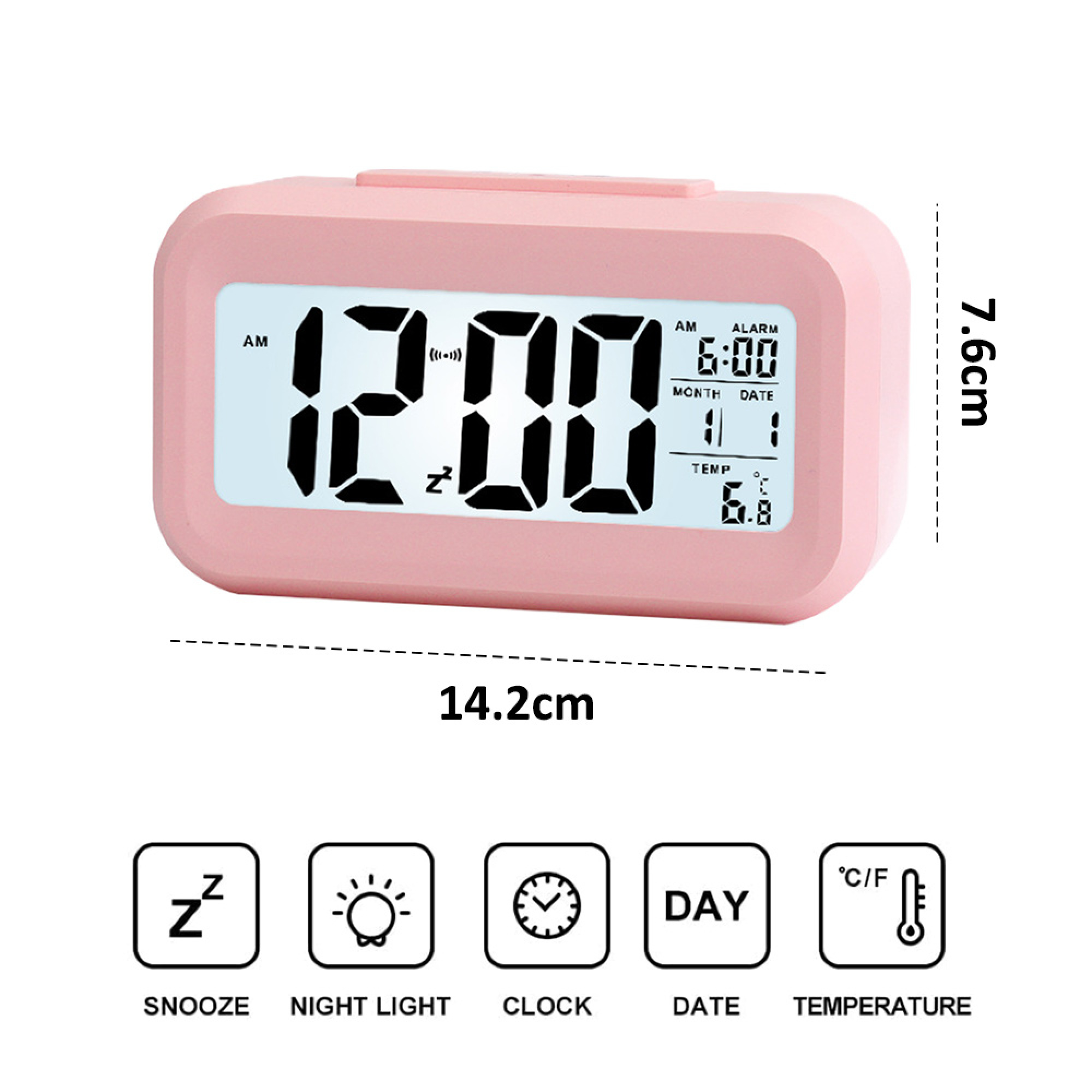 Ein rosafarbener Digitalwecker zeigt 12:00 Uhr und Alarm 6:00 Uhr an.