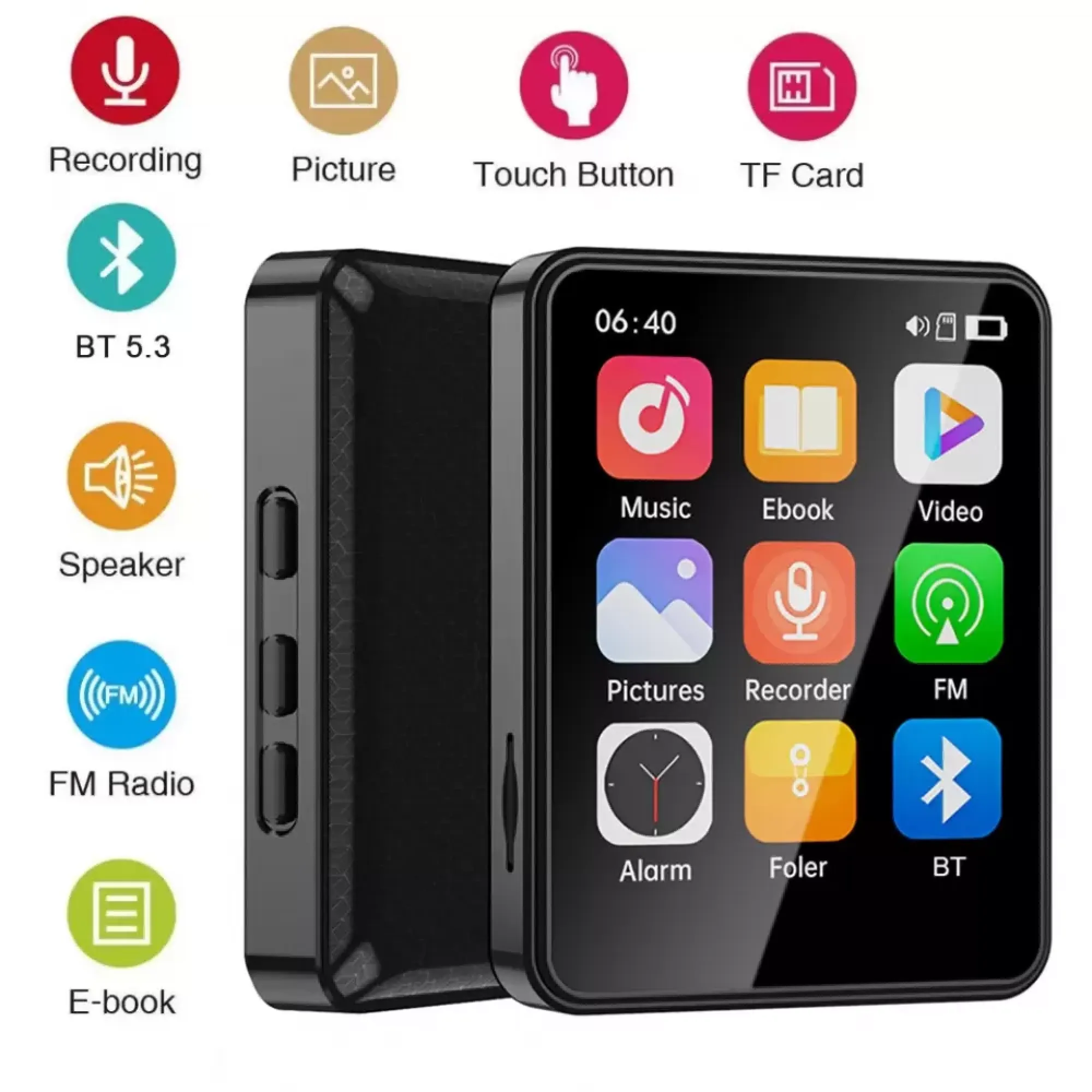Ein schwarzer MP3-Player mit Symbolen für Musik, Video, FM und mehr.