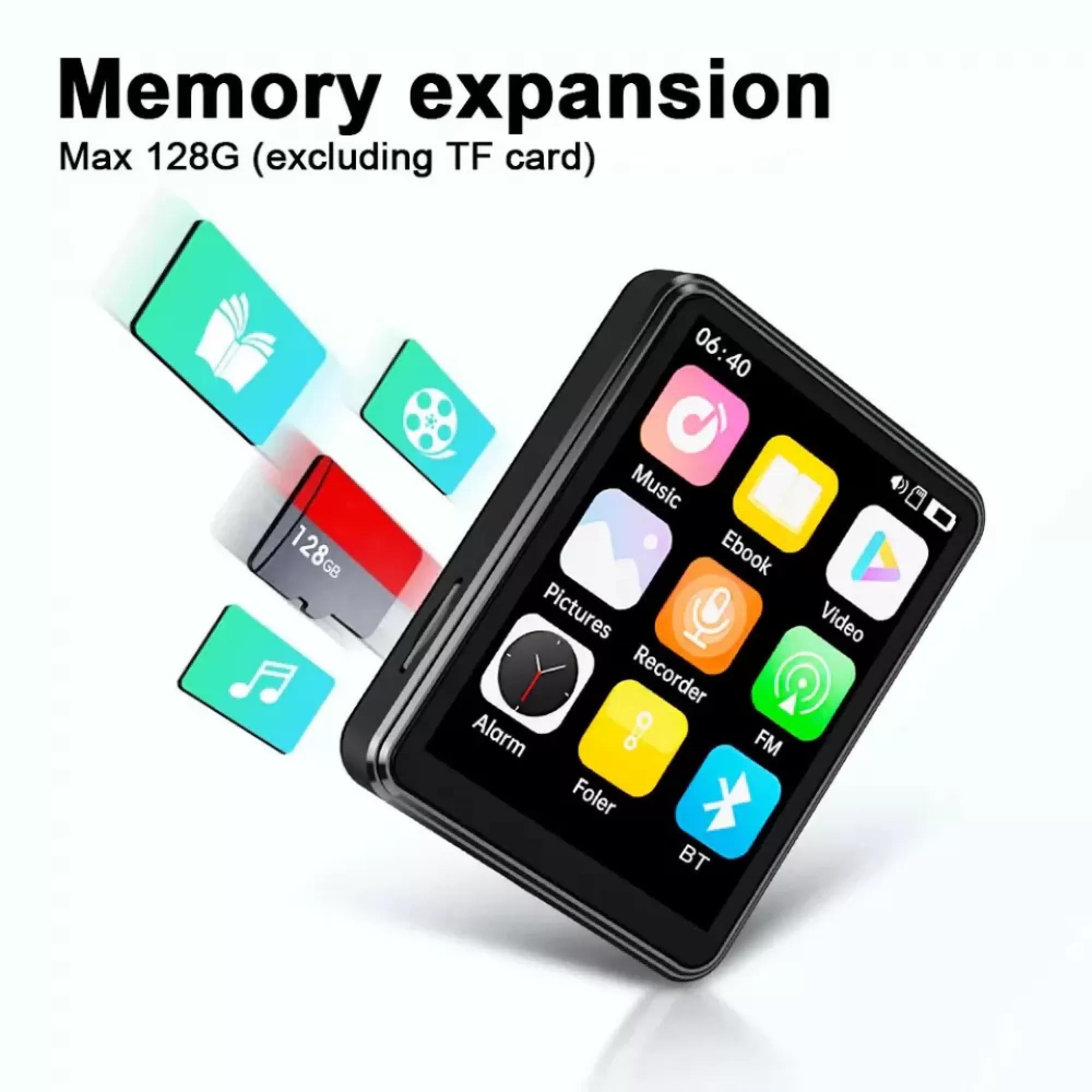 Ein schwarzer Mediaplayer mit Symbolen für Musik, Video und mehr. Eine 128GB SD-Karte ist sichtbar.