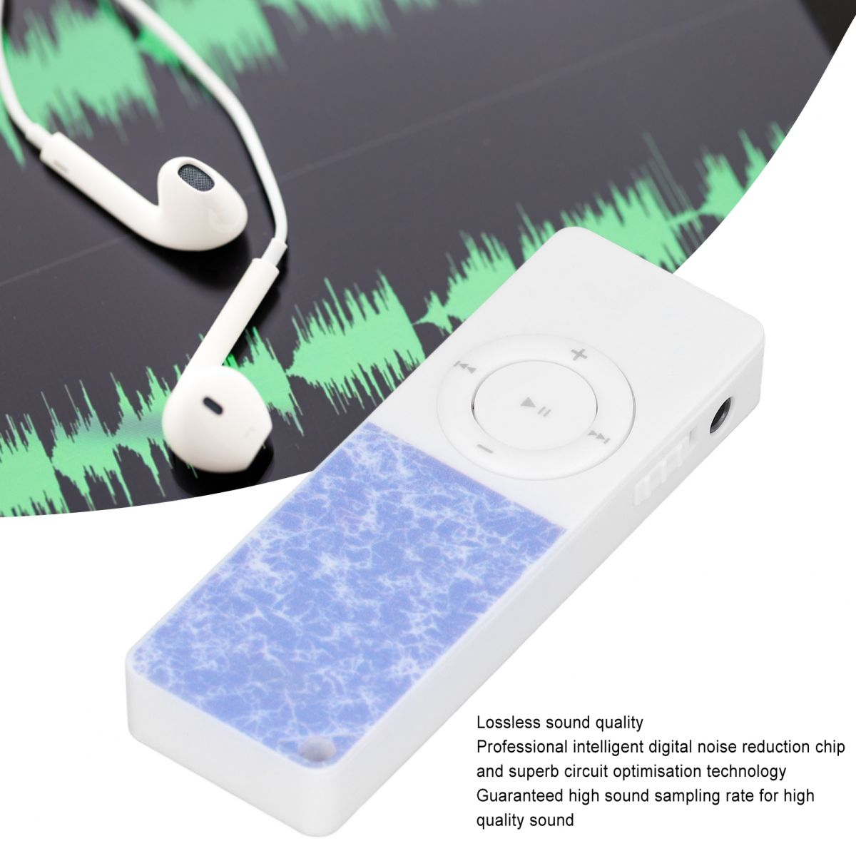 Ein weißer MP3-Player mit Kopfhörern vor einer grünen Wellenform-Anzeige.