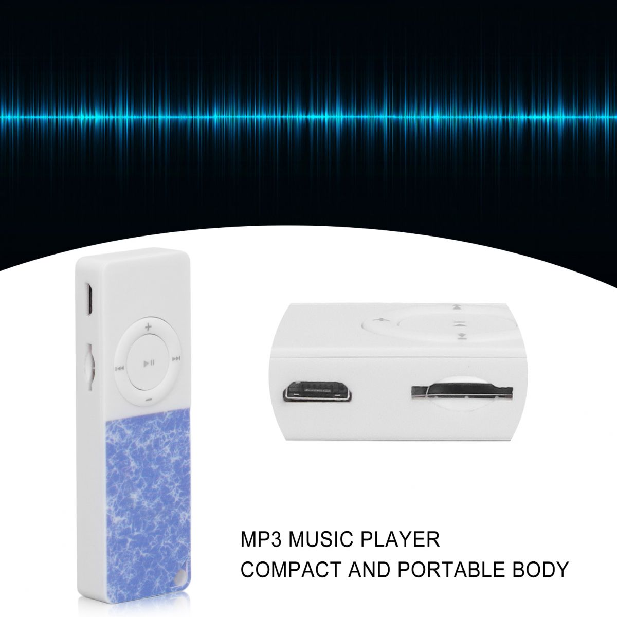 Ein weißer MP3-Player mit blauem Marmormuster und Bedienelementen.