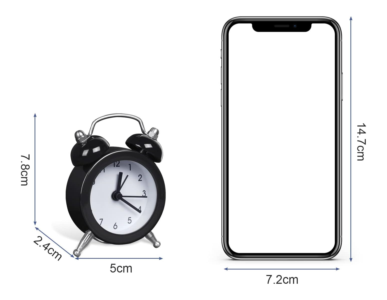 Ein schwarzer Wecker neben einem Smartphone mit weißen Bildschirm.