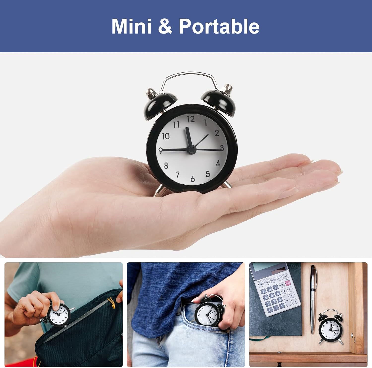 Mini-Wecker in Hand, Tasche, Hosentasche und Schublade.