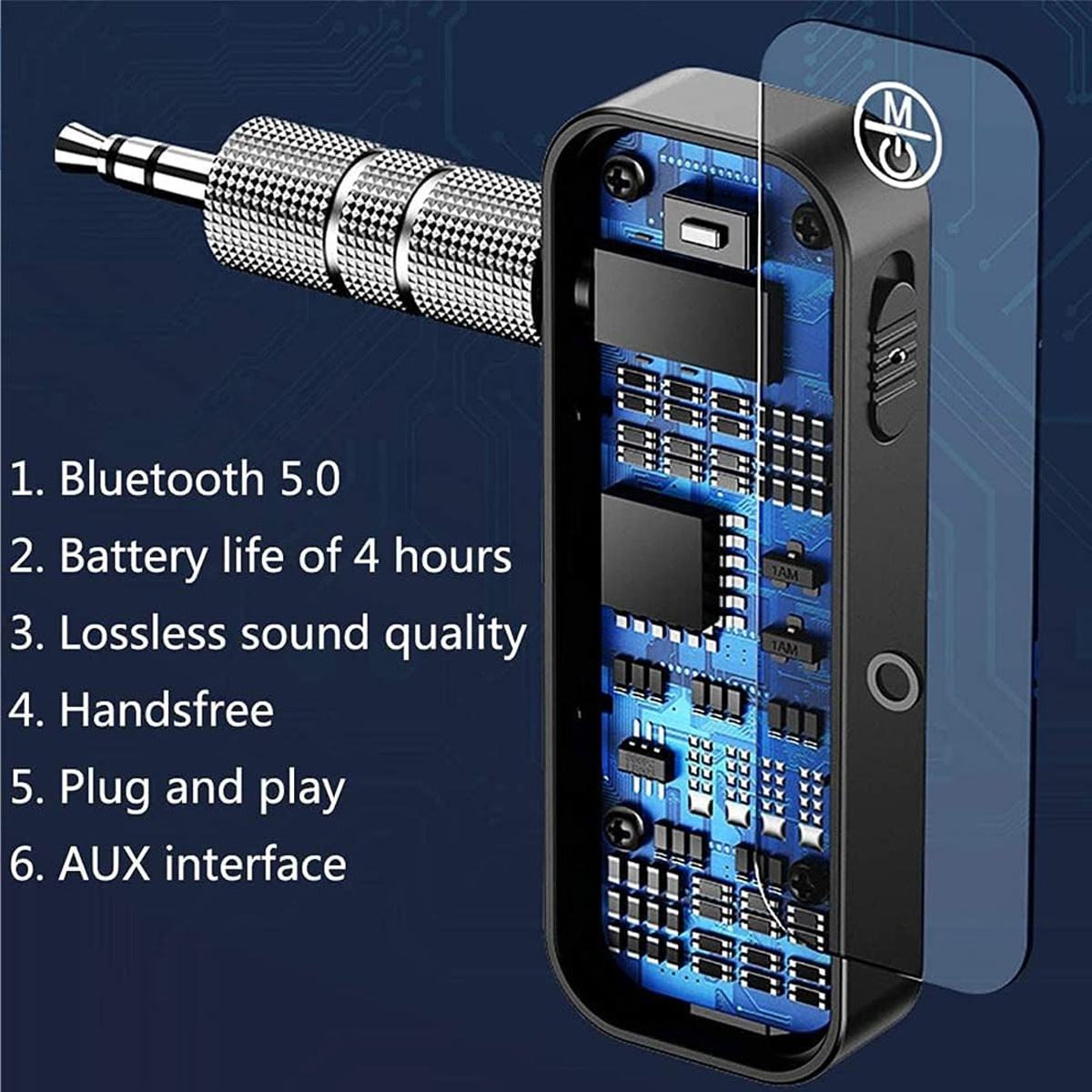 Nahaufnahme eines schwarzen Bluetooth-Audioempfängers mit silbernem 3,5-mm-Klinkenstecker und detaillierter interner Platine.
