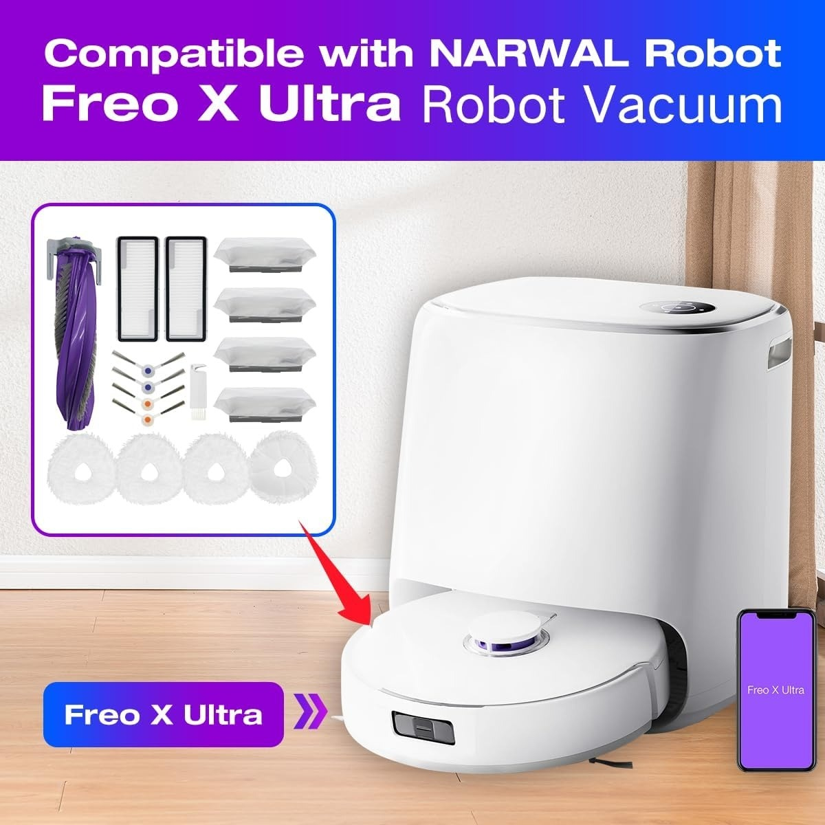 Weiße Roboterstaubsauger-Basisstation mit ausgelegten Teilen. Kompatibel mit Narwal Freo X Ultra.