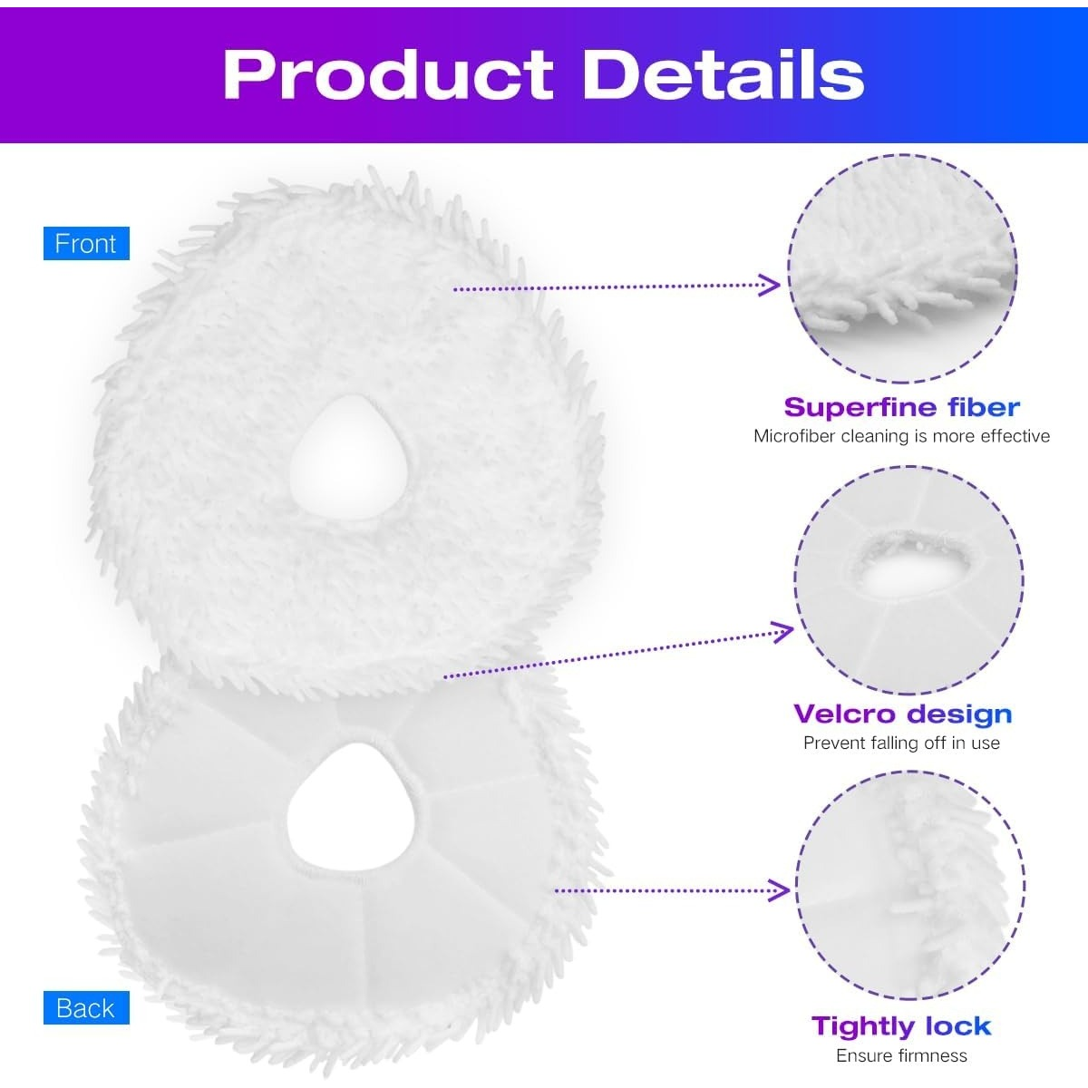 Produktdetails: Vorder- und Rückansicht weißer Wischmopppads, Mikrofaser, Klettverschluss.