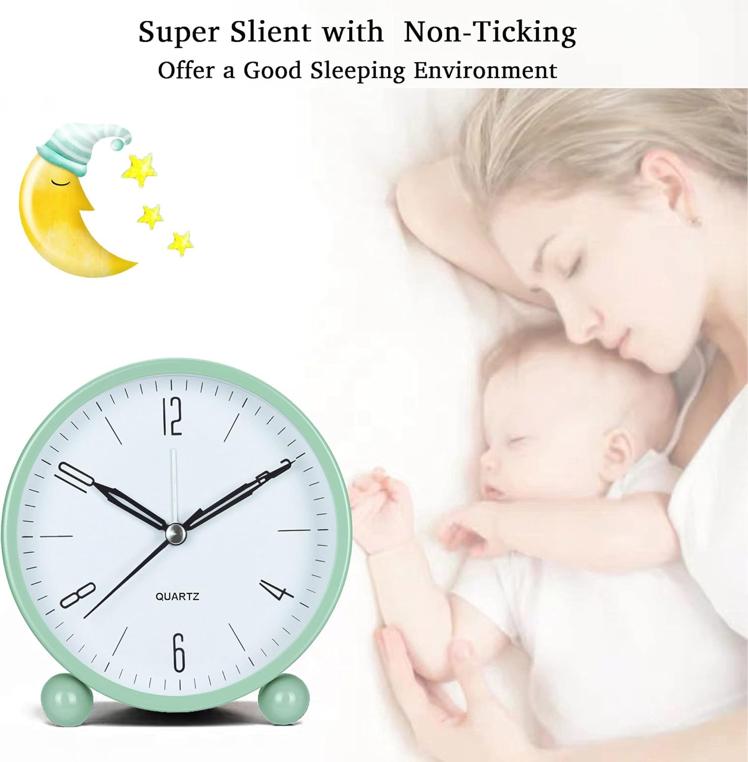 Grüner Wecker neben schlafender Mutter und Baby, mit Mond und Sternen.