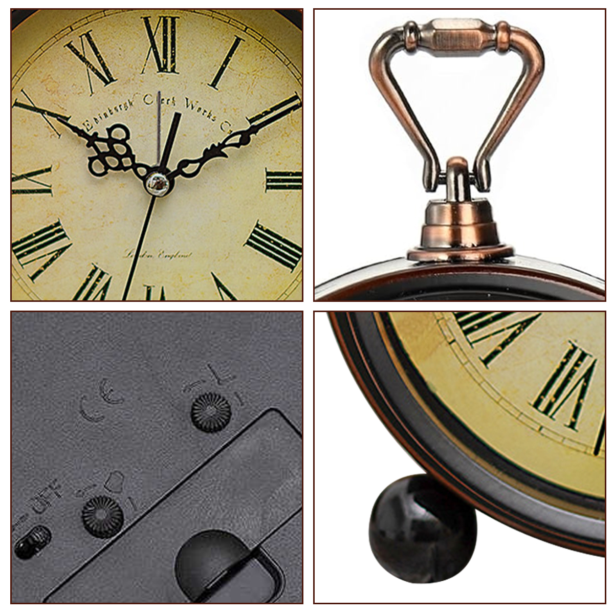Eine Collage aus vier Nahaufnahmen einer Uhr: Zifferblatt, Griff, Unterseite und Kugel.