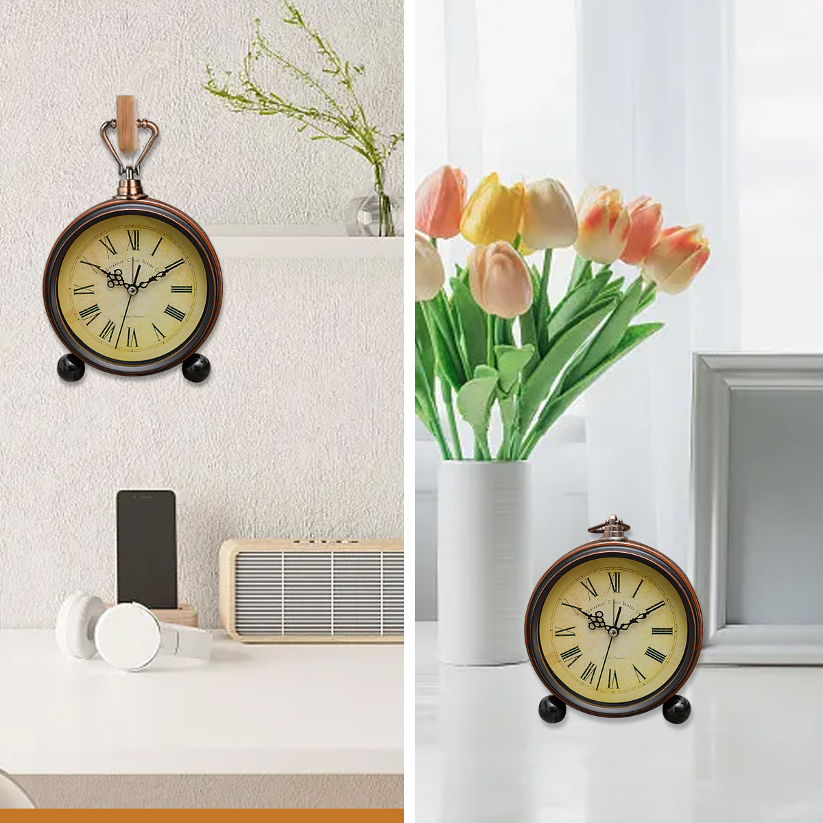 Dekorative Uhren und Tulpen auf einem Regal und einem Tisch.