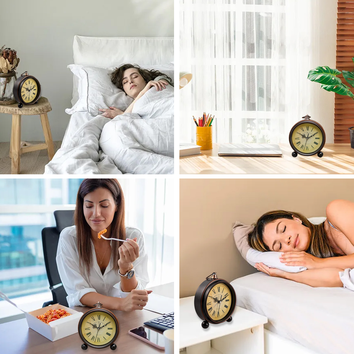 Collage mit vier Szenen: Frau schläft im Bett, Schreibtisch mit Uhr, Frau isst am Schreibtisch, Frau schläft im Bett.