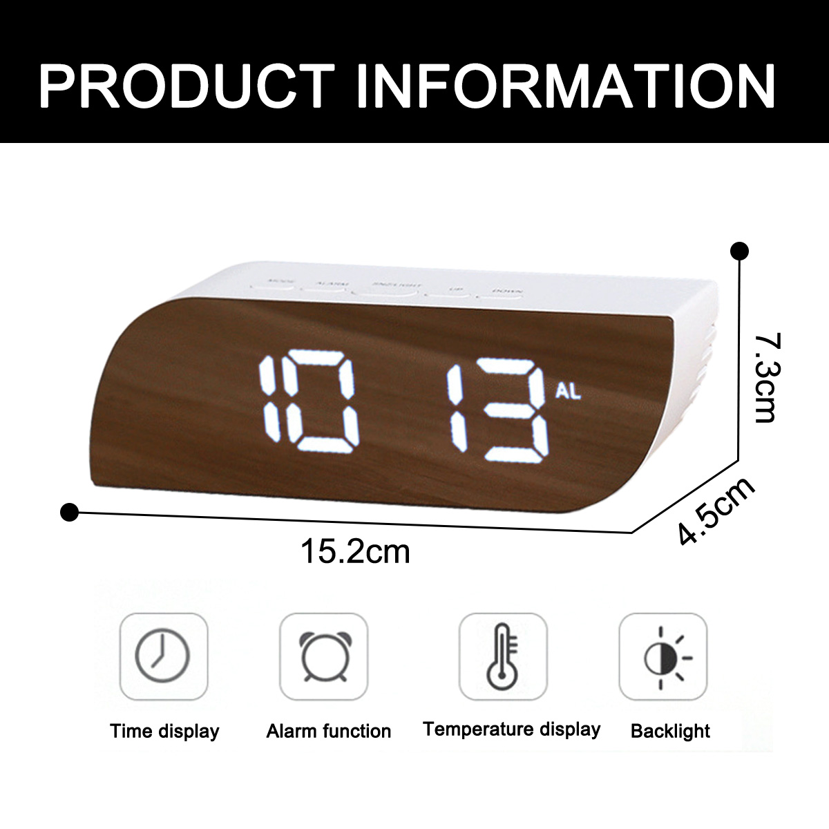 Digitaluhr mit Holzmaserung, zeigt 10:13 an. Maße: 15,2x7,3x4,5cm.