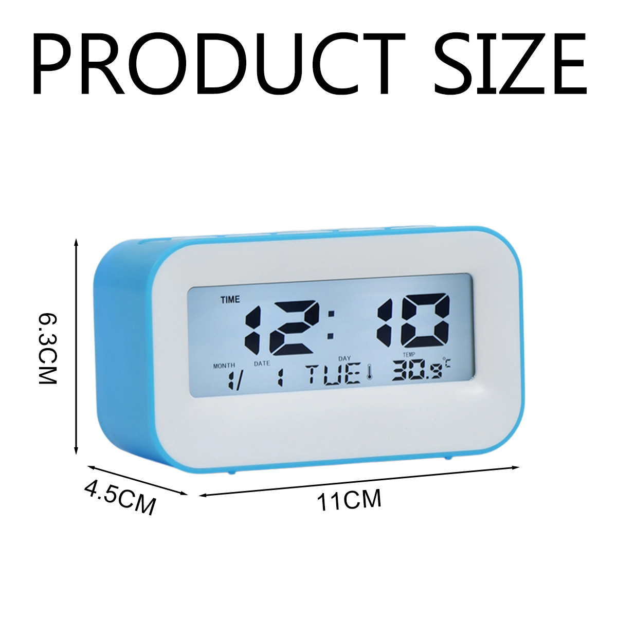 Blauer Wecker mit Digitalanzeige, zeigt 12:10 Uhr, Dienstag, 30,9°C an. Maße: 11x4,5x6,3cm.