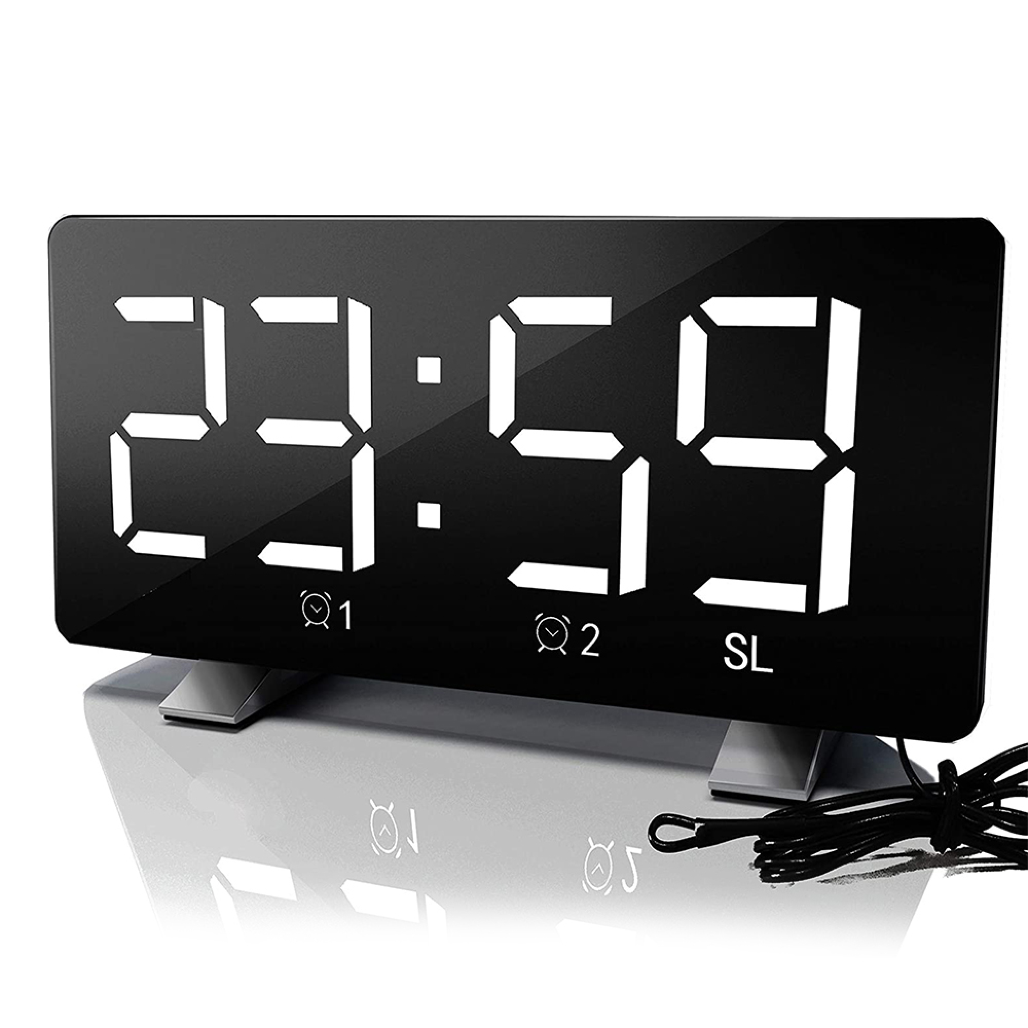 Digitaluhr zeigt 23:59 mit Weckersymbolen 1 und 2.