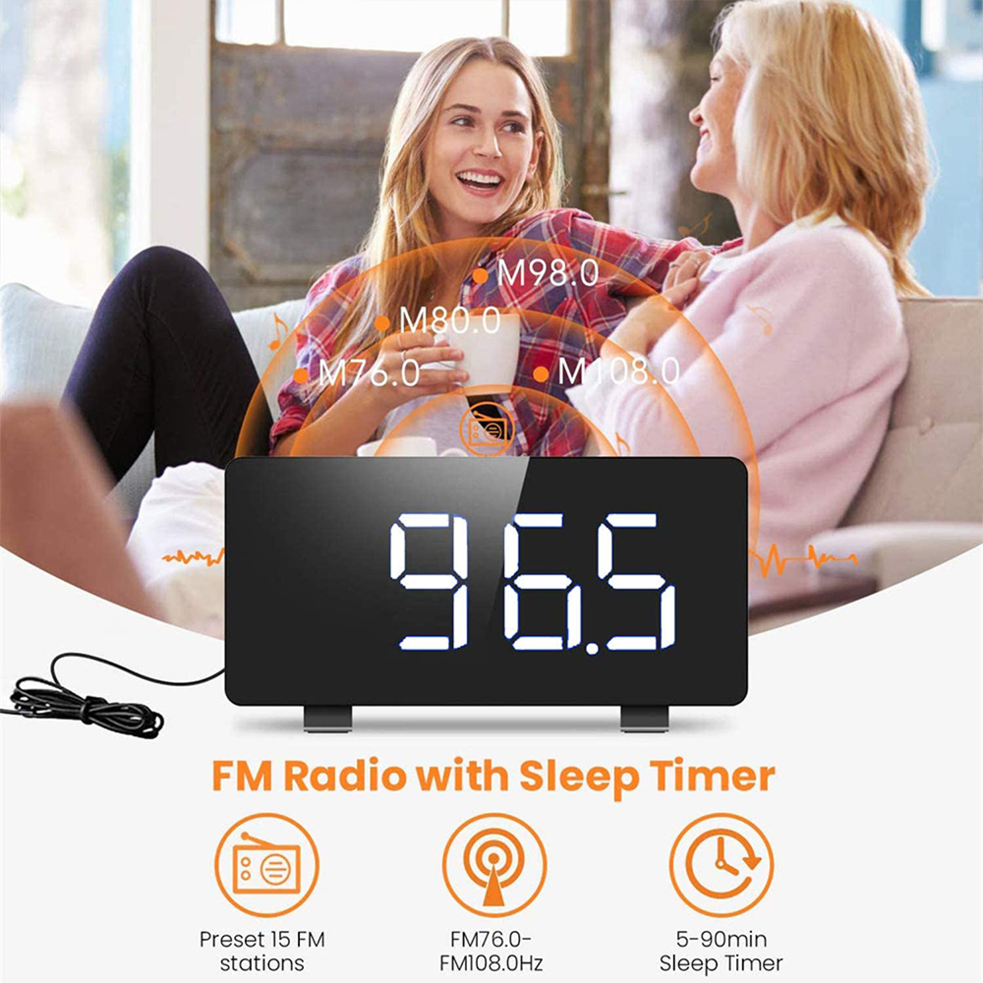 Zwei Frauen auf einer Couch, eine digitale Uhr mit 96,5 wird angezeigt.