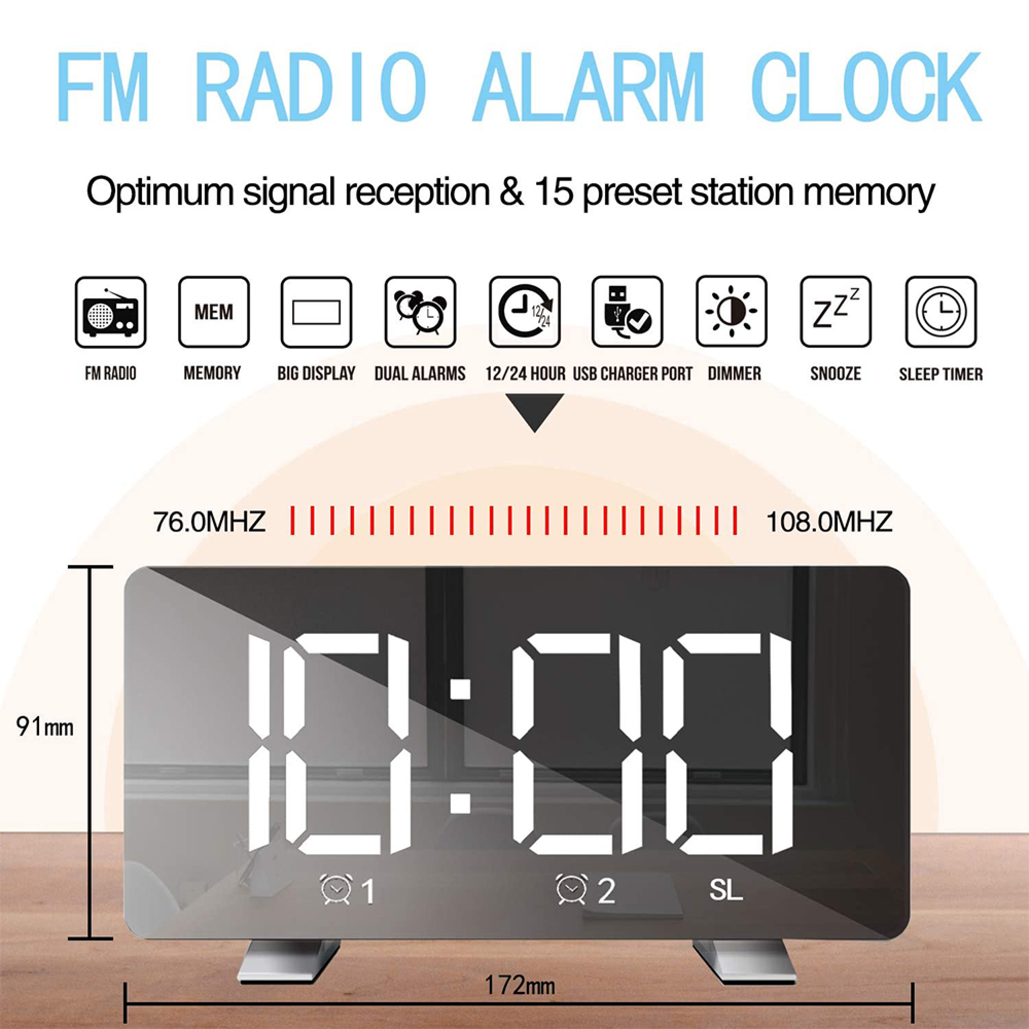 Digitaler Wecker mit FM-Radio, großem Display, Dual-Alarm, USB-Anschluss.