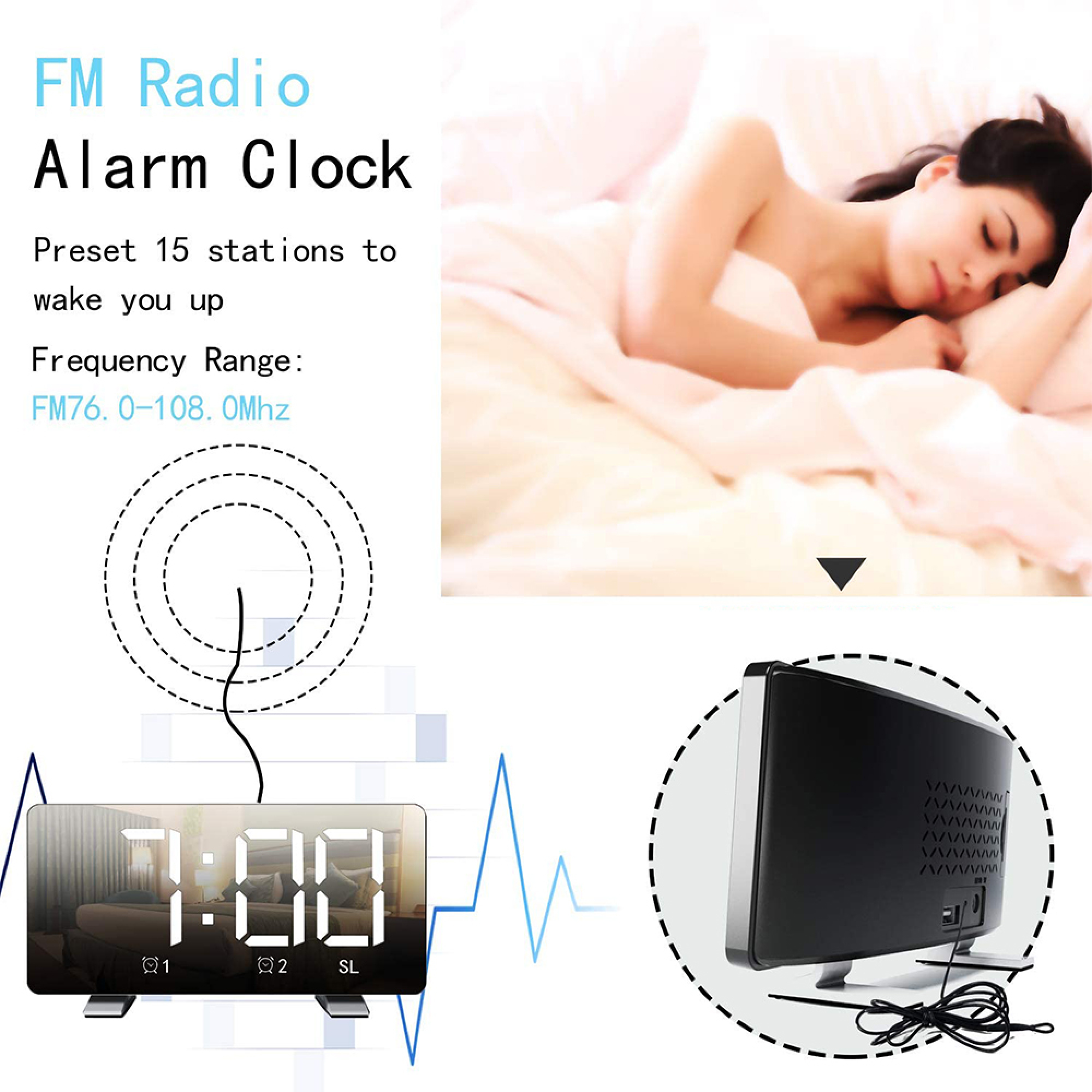 UKW-Radiowecker mit Digitalanzeige 7:00 Uhr. Frau schläft im Bett.