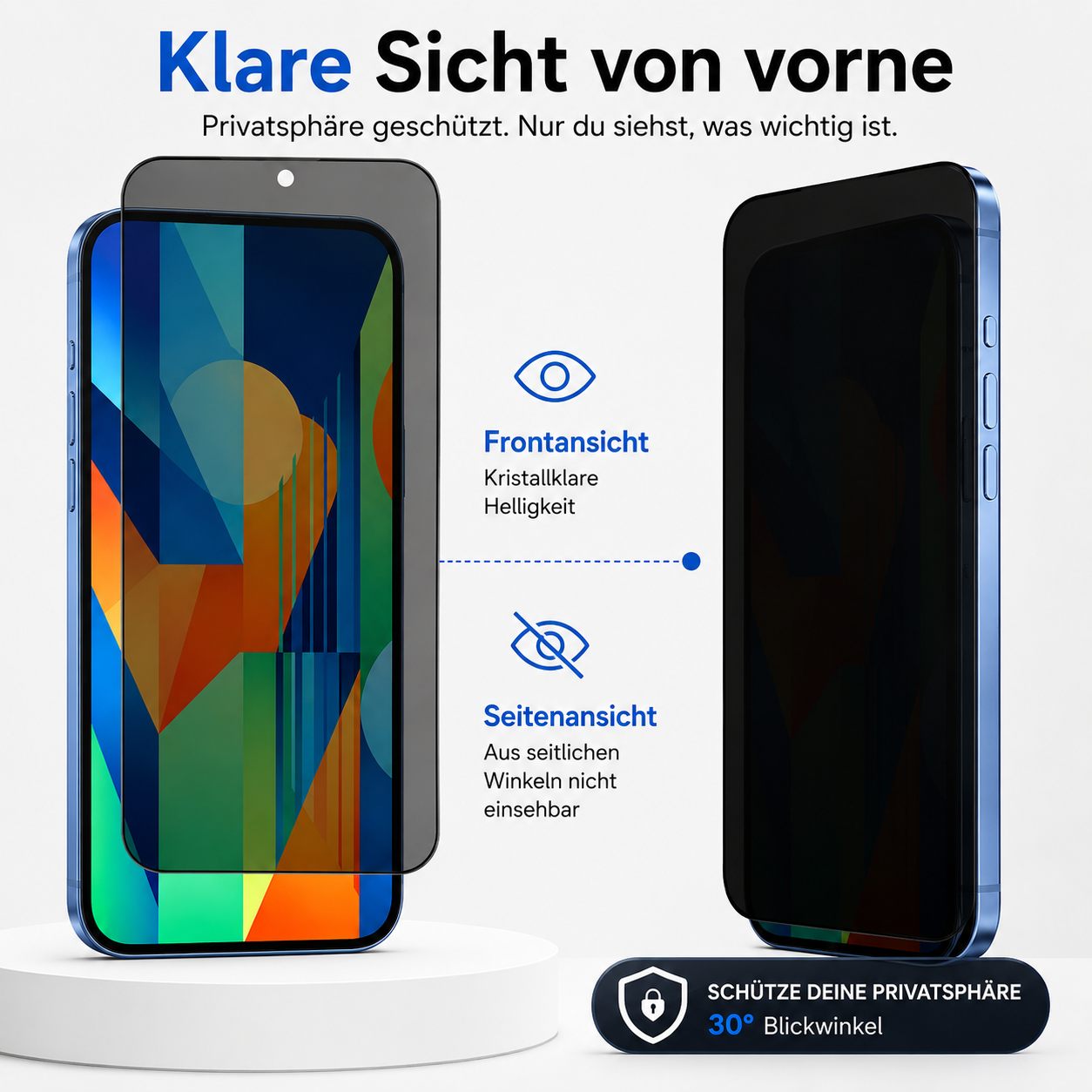 Privatsphäre-Schutzfolie für Smartphones: Klare Frontansicht, dunkle Seitenansicht.