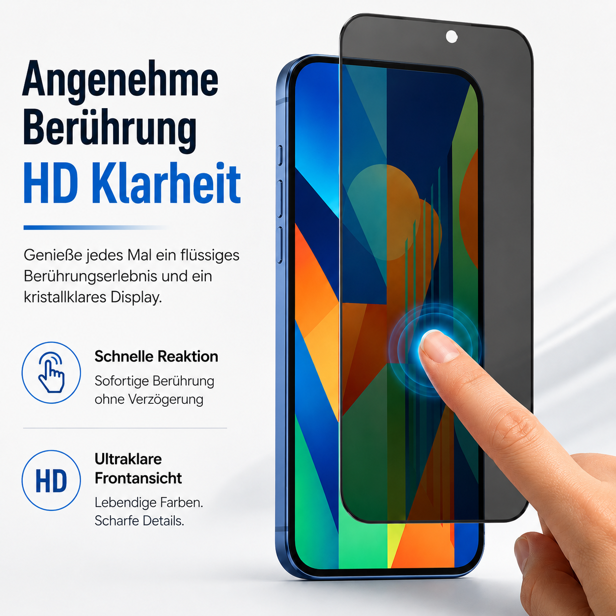Ein Finger berührt das Display eines blauen Smartphones mit einer Schutzfolie.