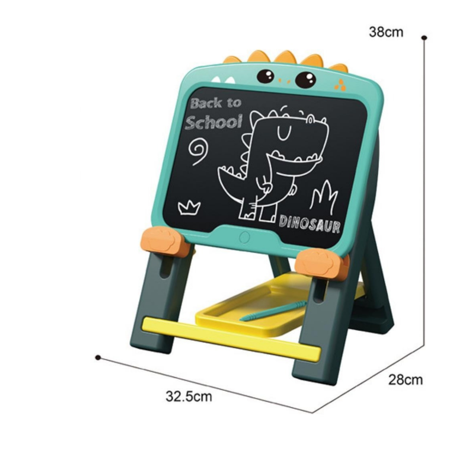 Ein grünes Dino-Zeichenbrett mit Stiftablage und einem Dinosaurier-Design auf dem Brett.