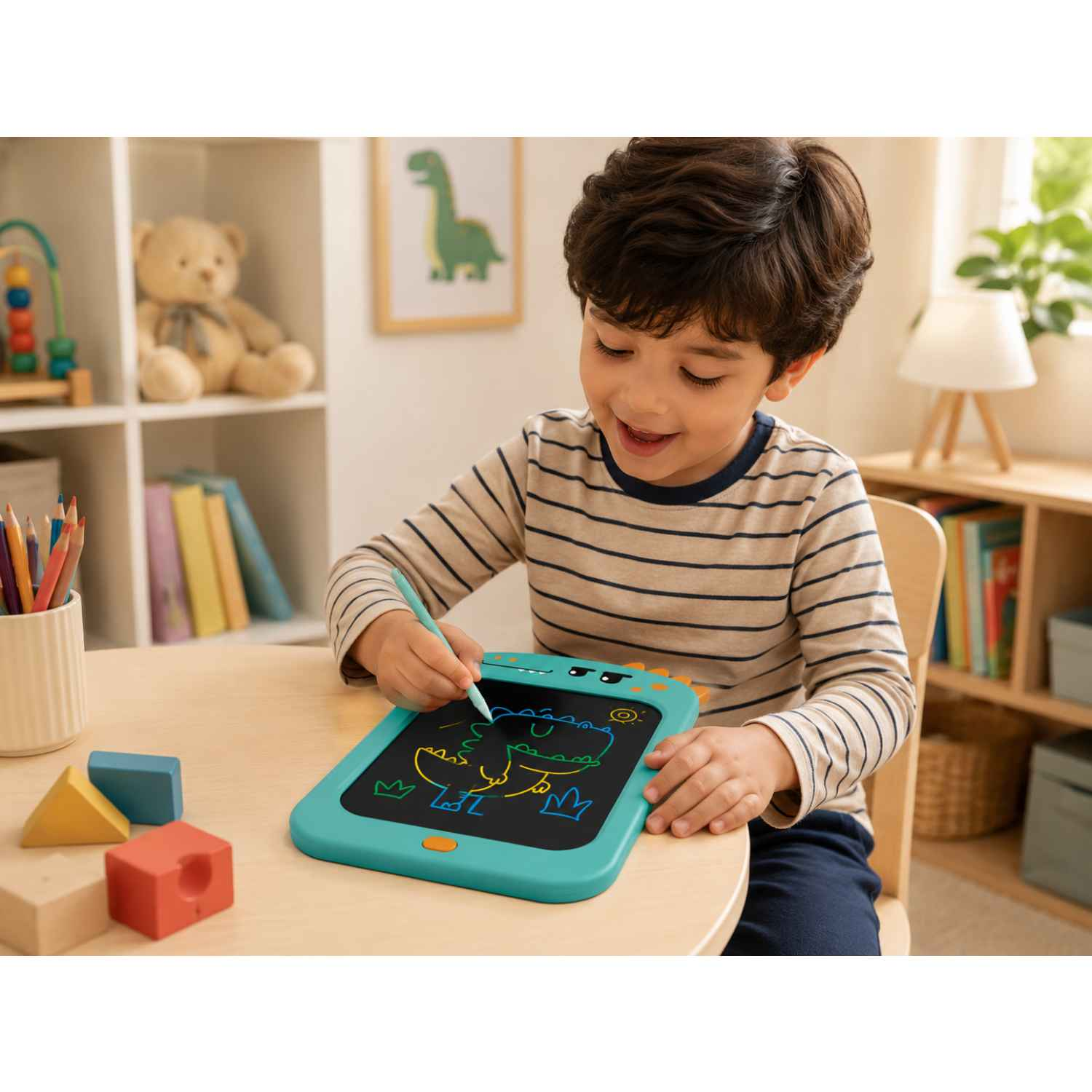 Ein Junge zeichnet mit einem Stift auf einem blauen Tablet, das ein Dinosaurierbild zeigt.