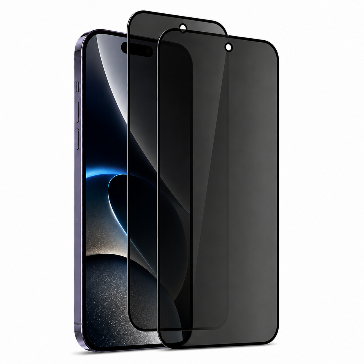 Drei dunkle Schutzfolien für ein Smartphone, nebeneinander auf weißem Hintergrund.