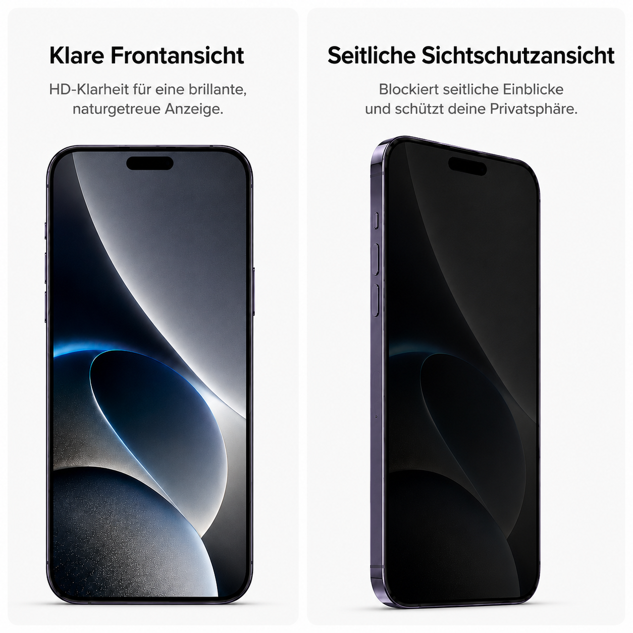 Zwei Ansichten eines violetten Smartphones mit unterschiedlichen Bildschirmdarstellungen.