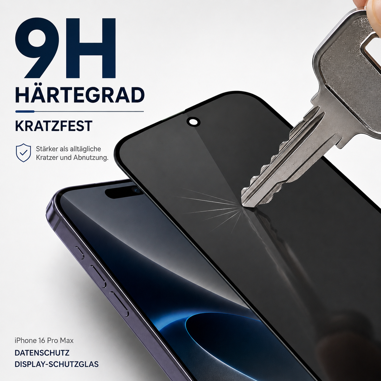 Schutzglas für iPhone 16 Pro Max wird von einem Schlüssel zerkratzt. 9H Härtegrad.