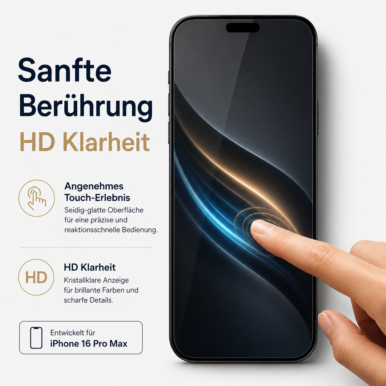 Finger berührt Bildschirm des iPhone 16 Pro Max, hebt HD-Klarheit und sanfte Berührung hervor.
