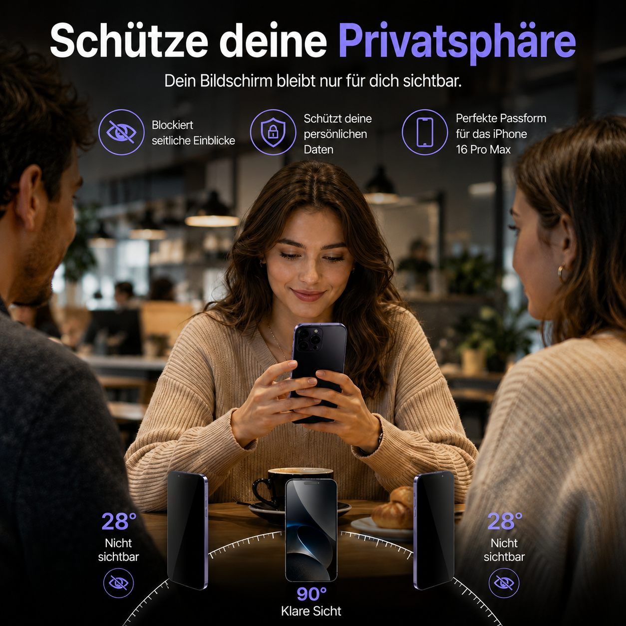 Frau hält ein Handy, das Privatsphäre-Schutzfolie zeigt. Infos zu Blickwinkeln.