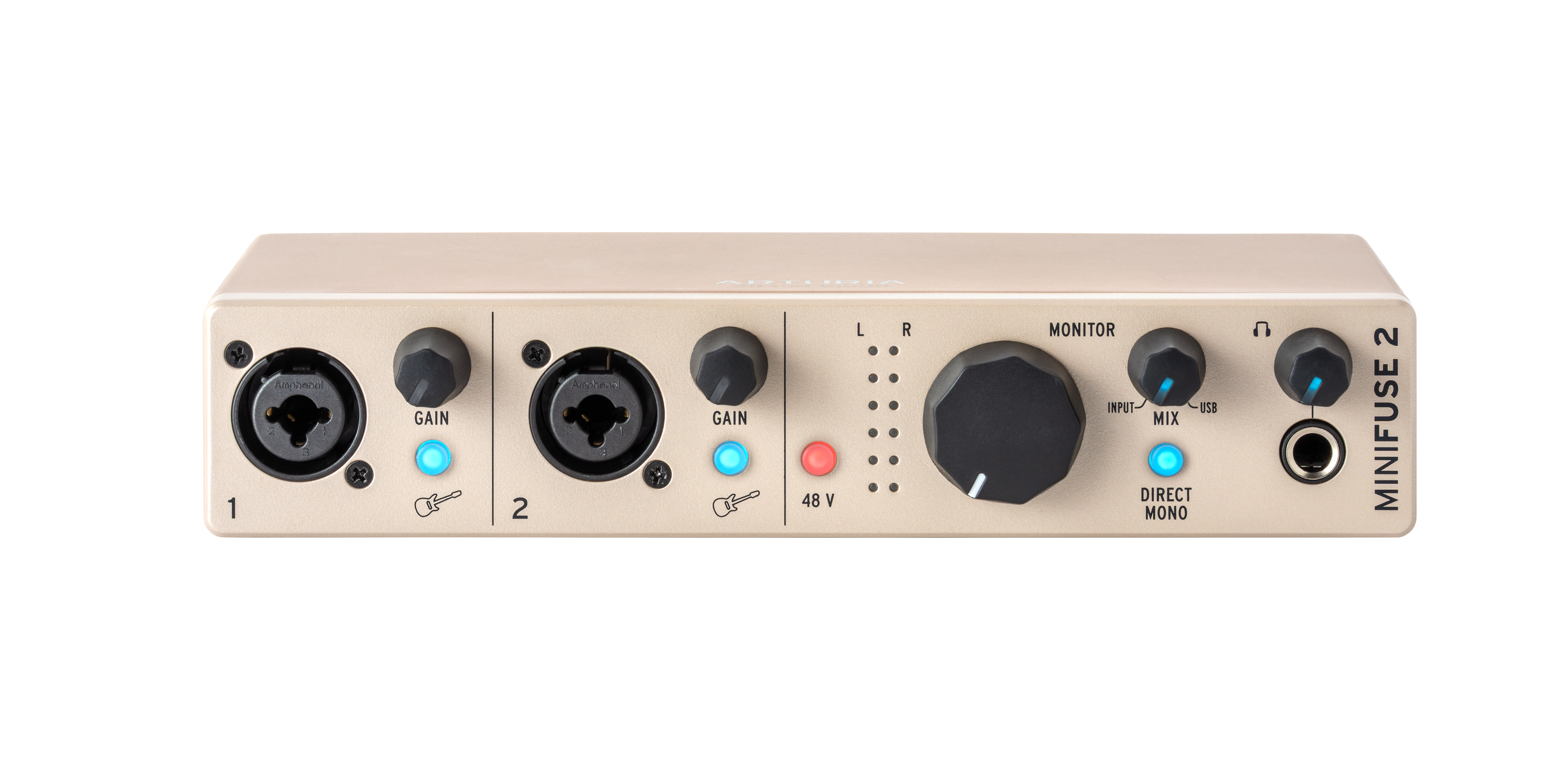 Beigefarbene Audio-Interface mit zwei XLR-Eingängen, Reglern und Lichtern.