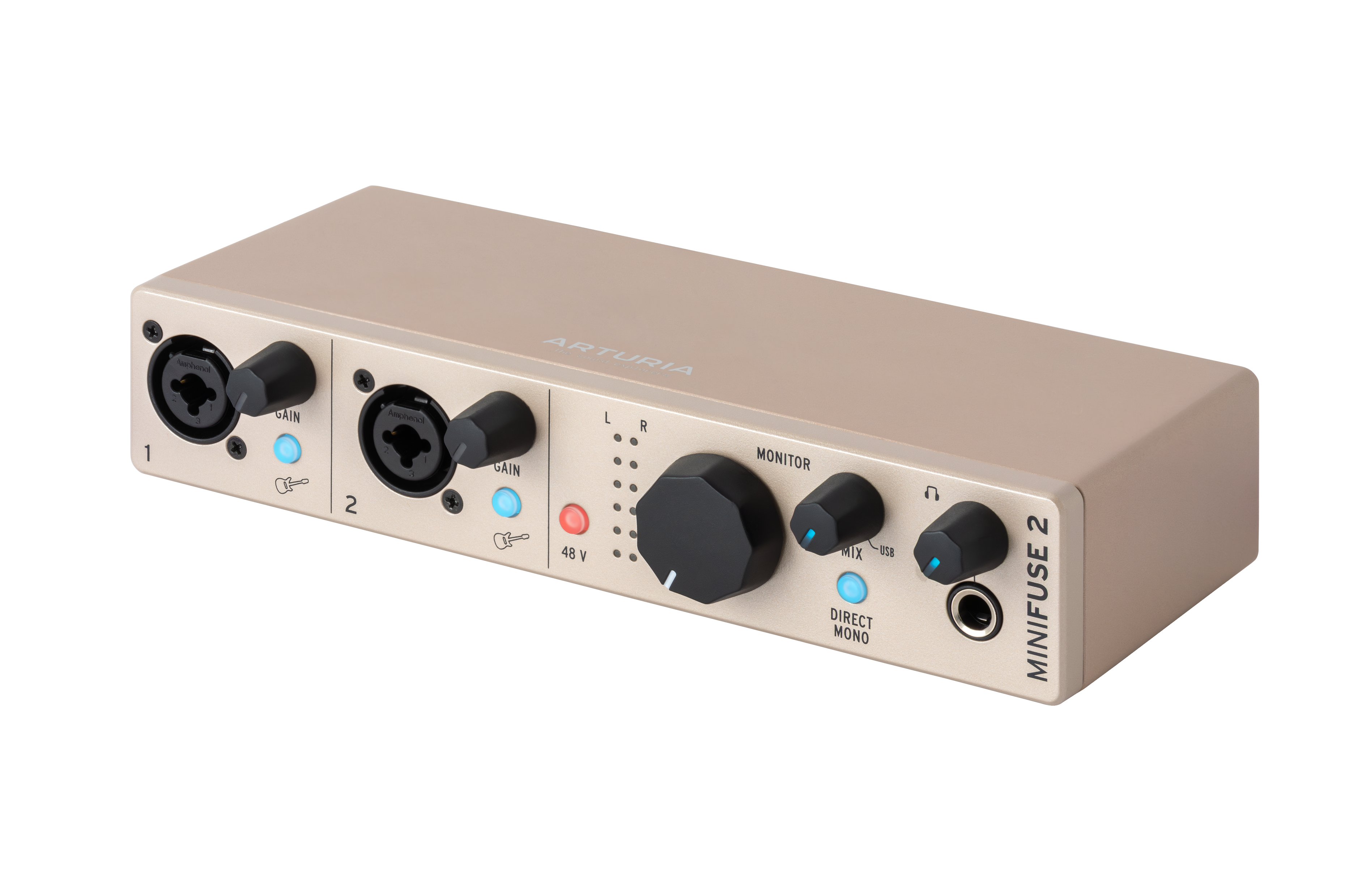 Ein goldfarbenes Arturia Minifuse 2 Audio-Interface mit Reglern und Anschlüssen.