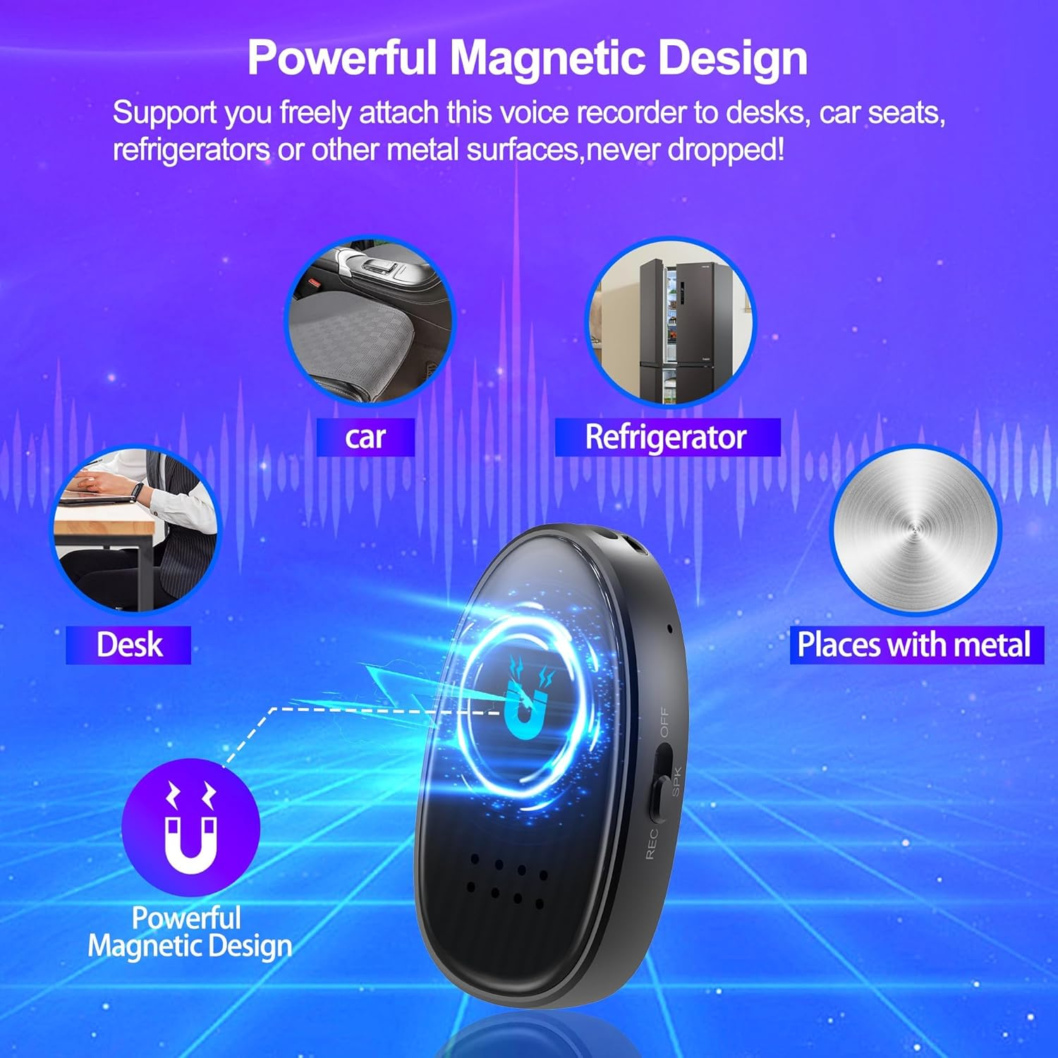 Ein schwarzer Diktiergerät mit magnetischem Design, das an Autos, Kühlschränken, Schreibtischen befestigt werden kann.